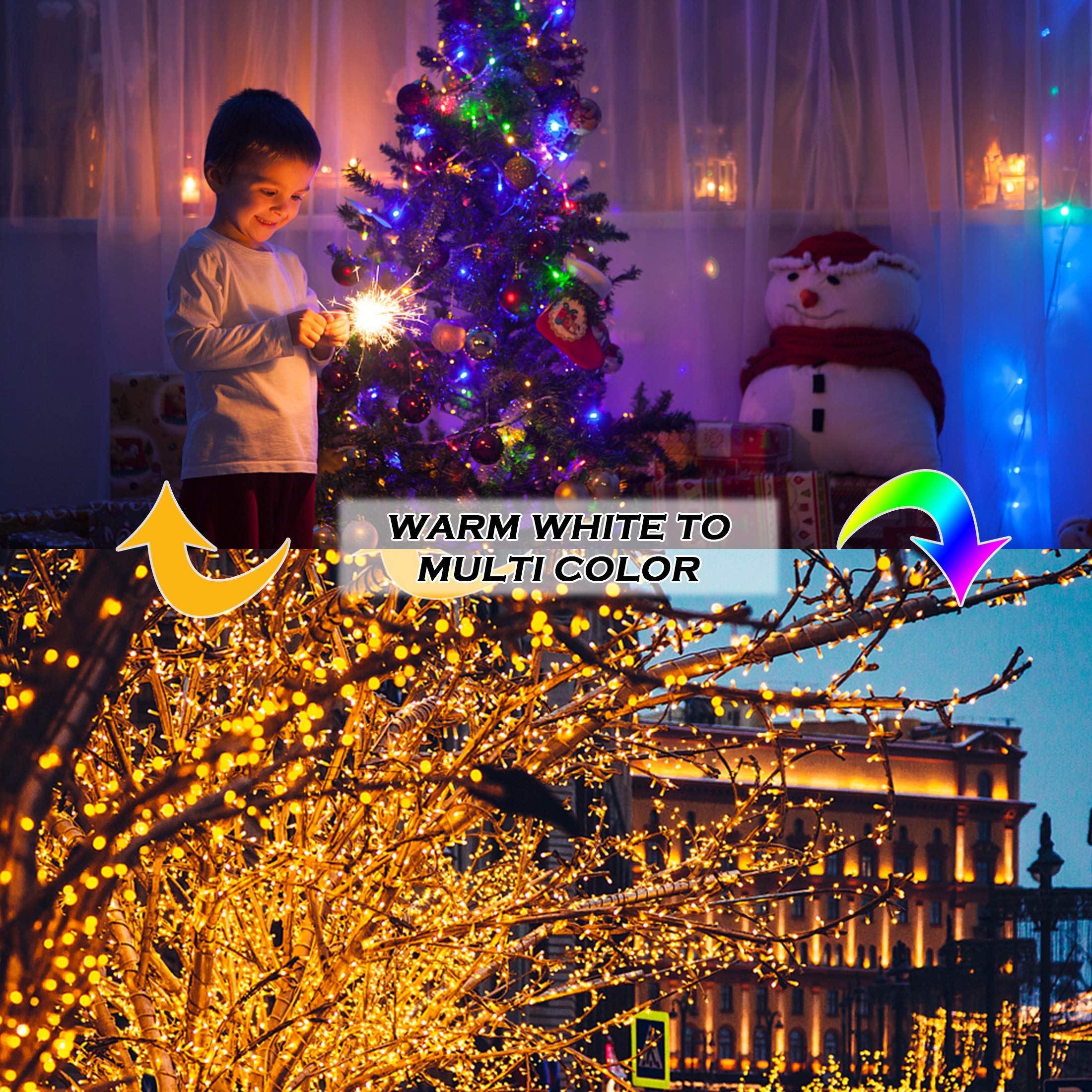 Twinkle Star Christmas String Lights, 66ft 200 LED Color Changing Tree Light Plug in 11 Modes Functions Warm White & Multicolor