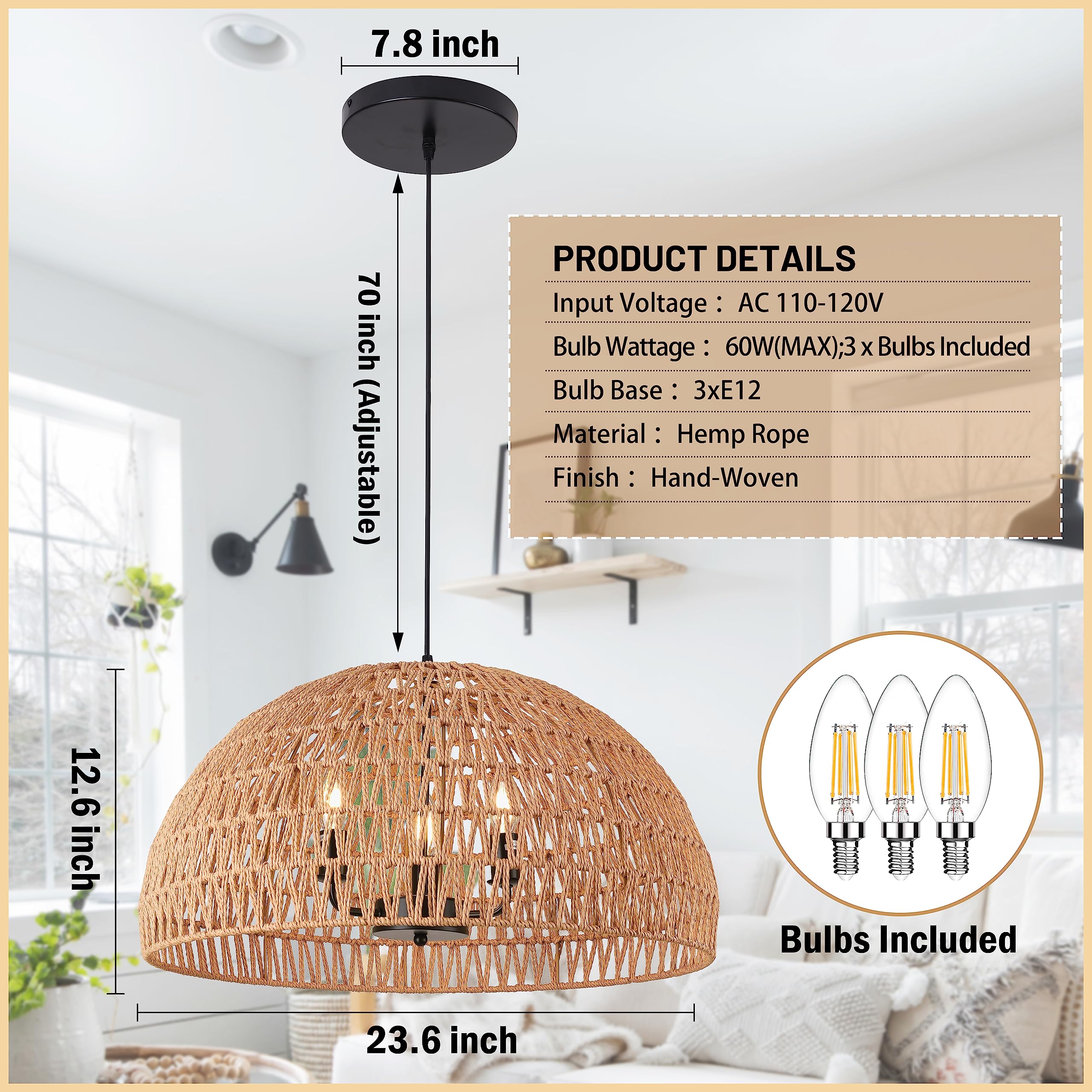 Ayshwilldec 24&quot; Brown Woven Pendant Light - Boho Chandelier For Dining Room, Living Room, Kitchen