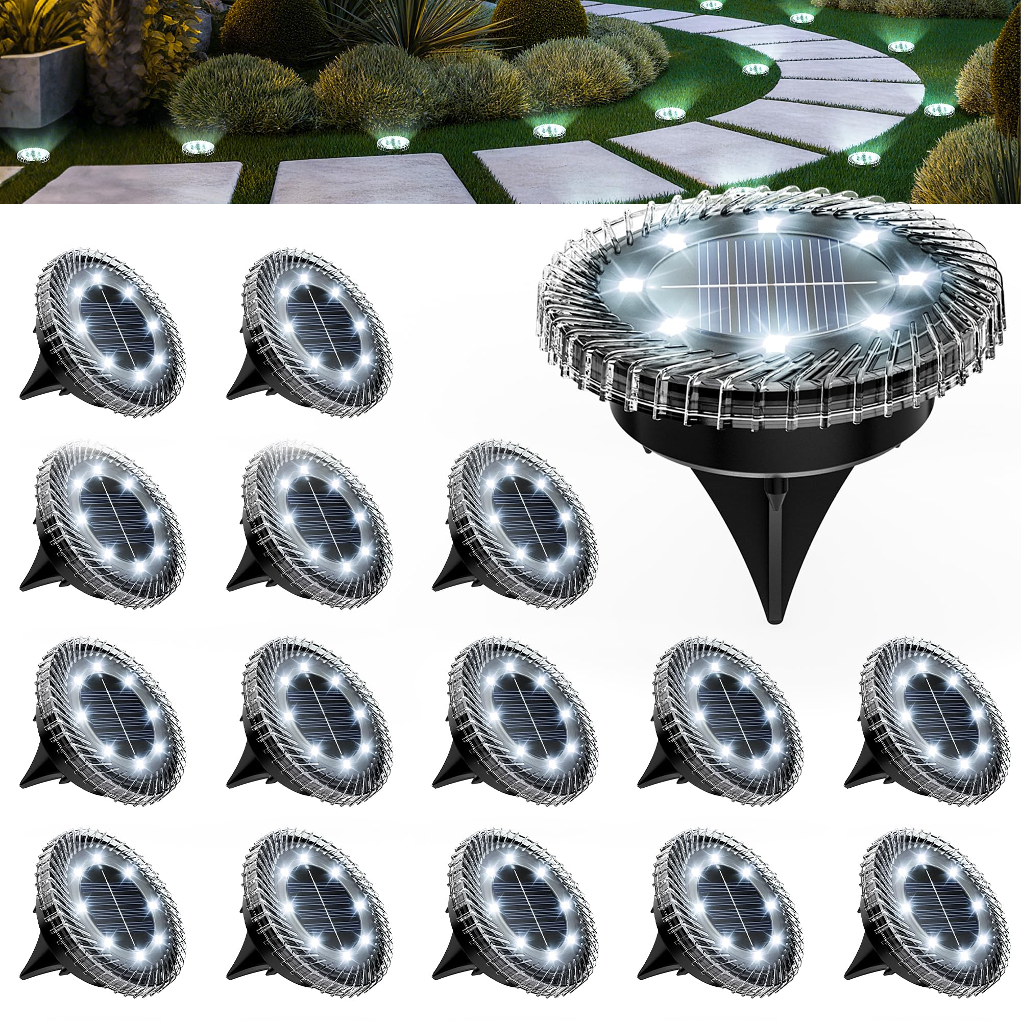 PATIOWIN 16 Pack Small Solar Ground Lights, Pathway Lights Waterproof, Outdoor Solar Light for Garden, Driveway, Walkway, Backya