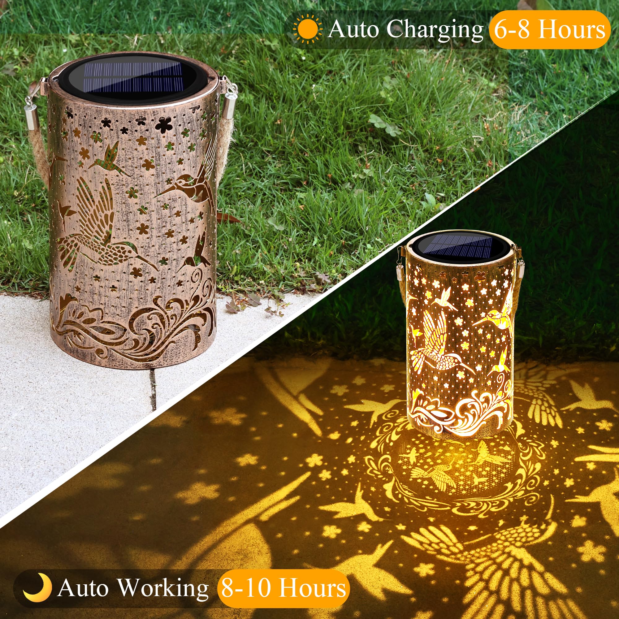 Toodour Solar Lantern Outdoor  Hummingbird Gifts For Women Mom Grandma Hanging Solar Outdoor Lights Waterproof  Hollow Out Retro Metal Hummingbird Lights For Patio  Balcony  Walkway  Yard Decorations