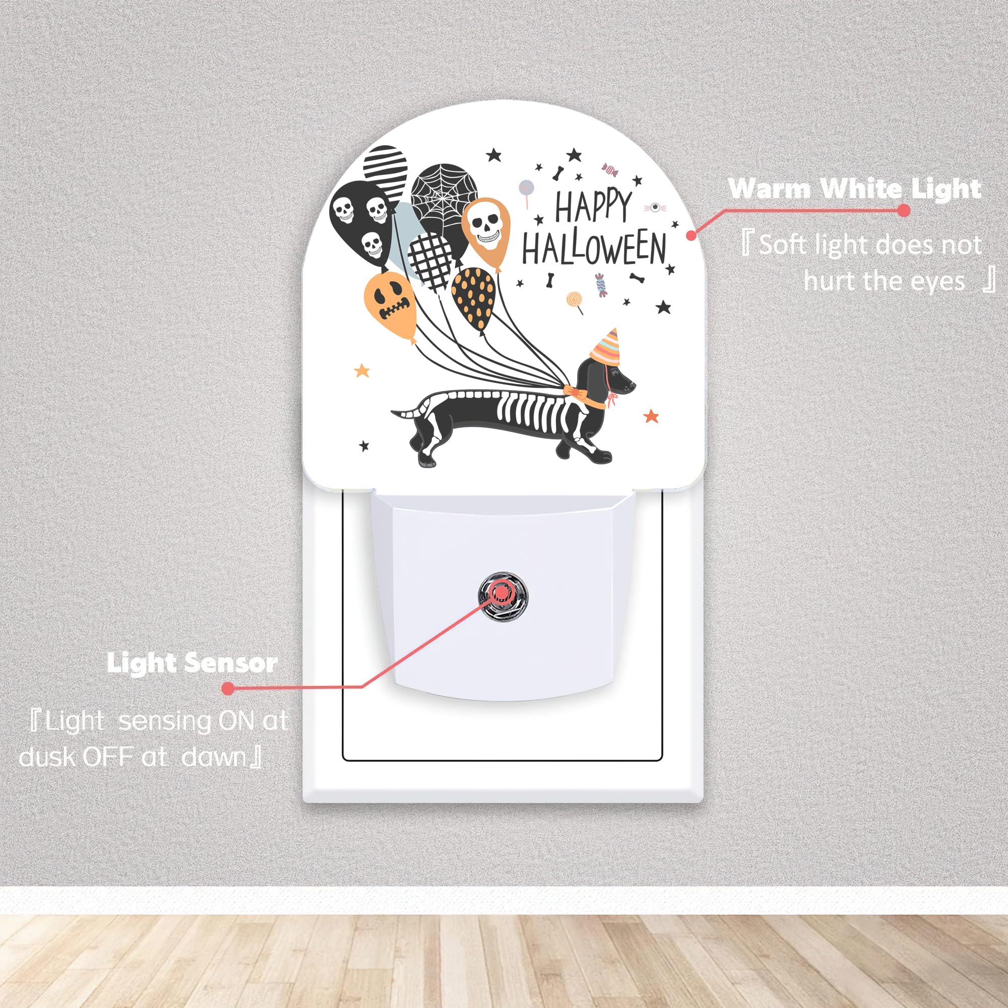 Axxitude Halloween Dachshund Dog Skeleton Night Lights Plug Into Wall For Girls Boys Room,Night Light Led Lamp Dusk To Dawn Sensor Round Lamp For Bedroom Bathroom Hallway Home Wall Decor Nightlight