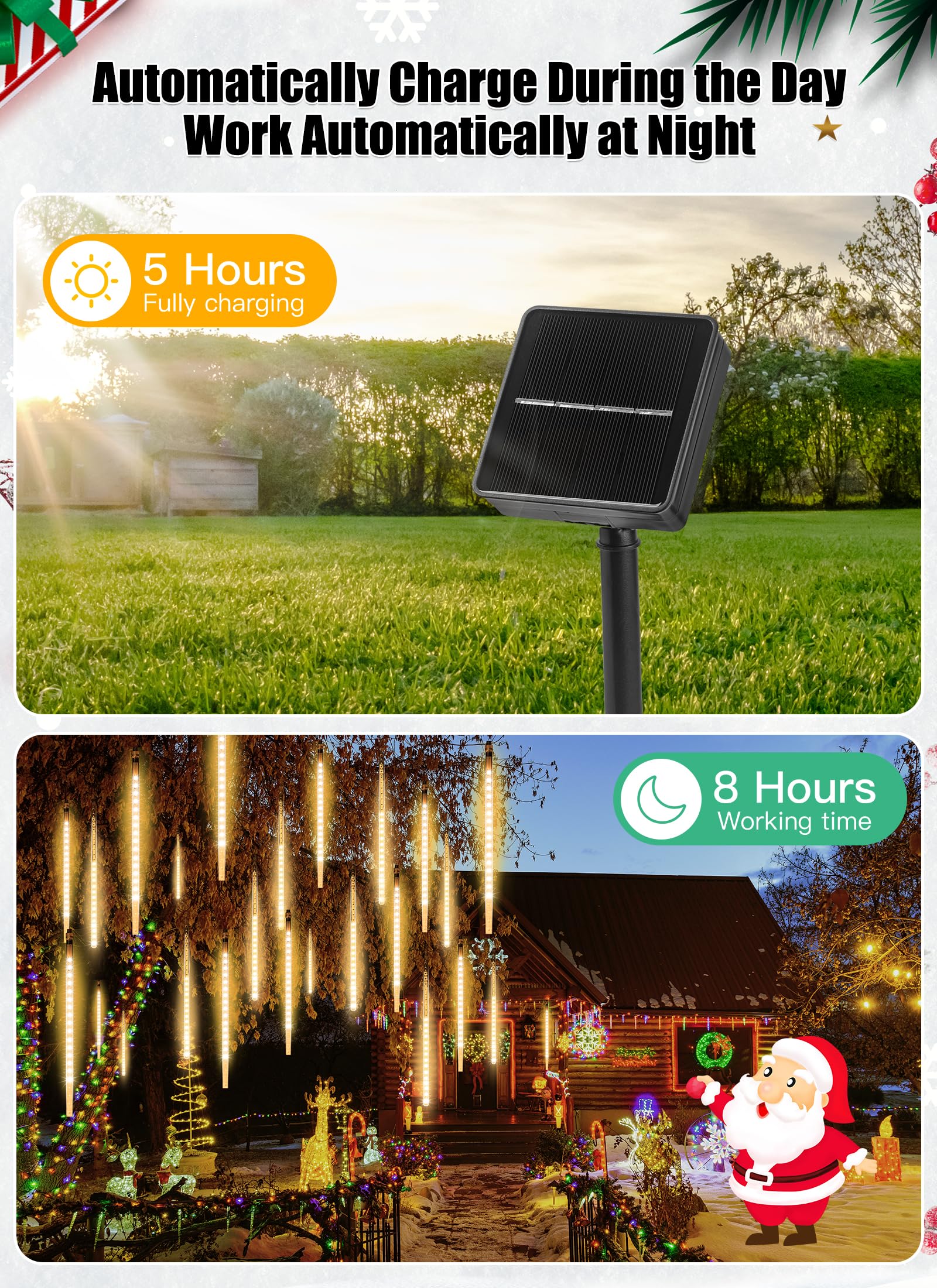 Solar Meteor Shower Lights, 10 Tubes 240 Led Meteor Lights, Waterproof Solar Christmas Decorations, Cascading Falling Rain Light