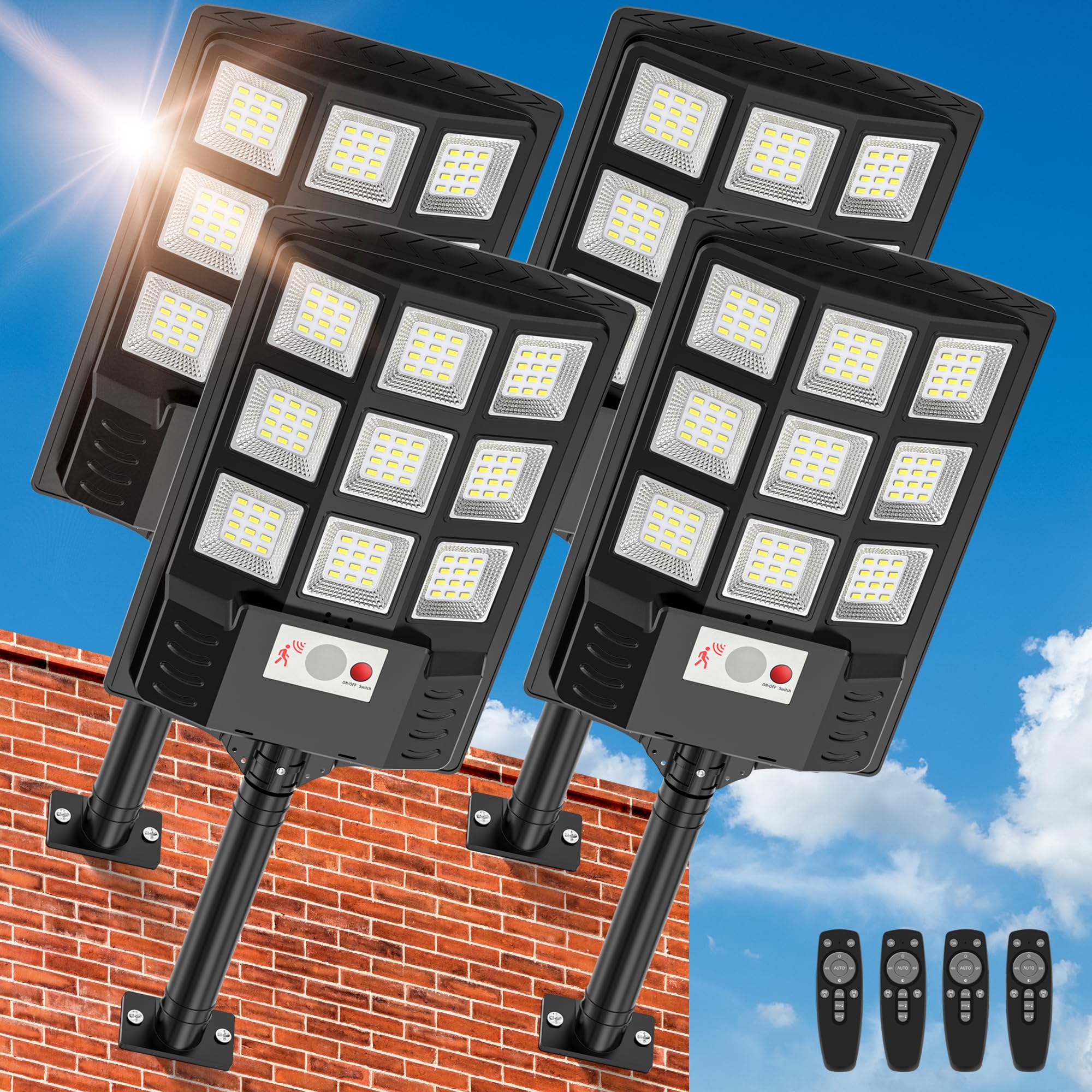 Vipzon Solar Street Lights Outdoor 6500K LED IP66 Waterproof with Motion Sensor & Remote Control 1500W (4-Pack) Black