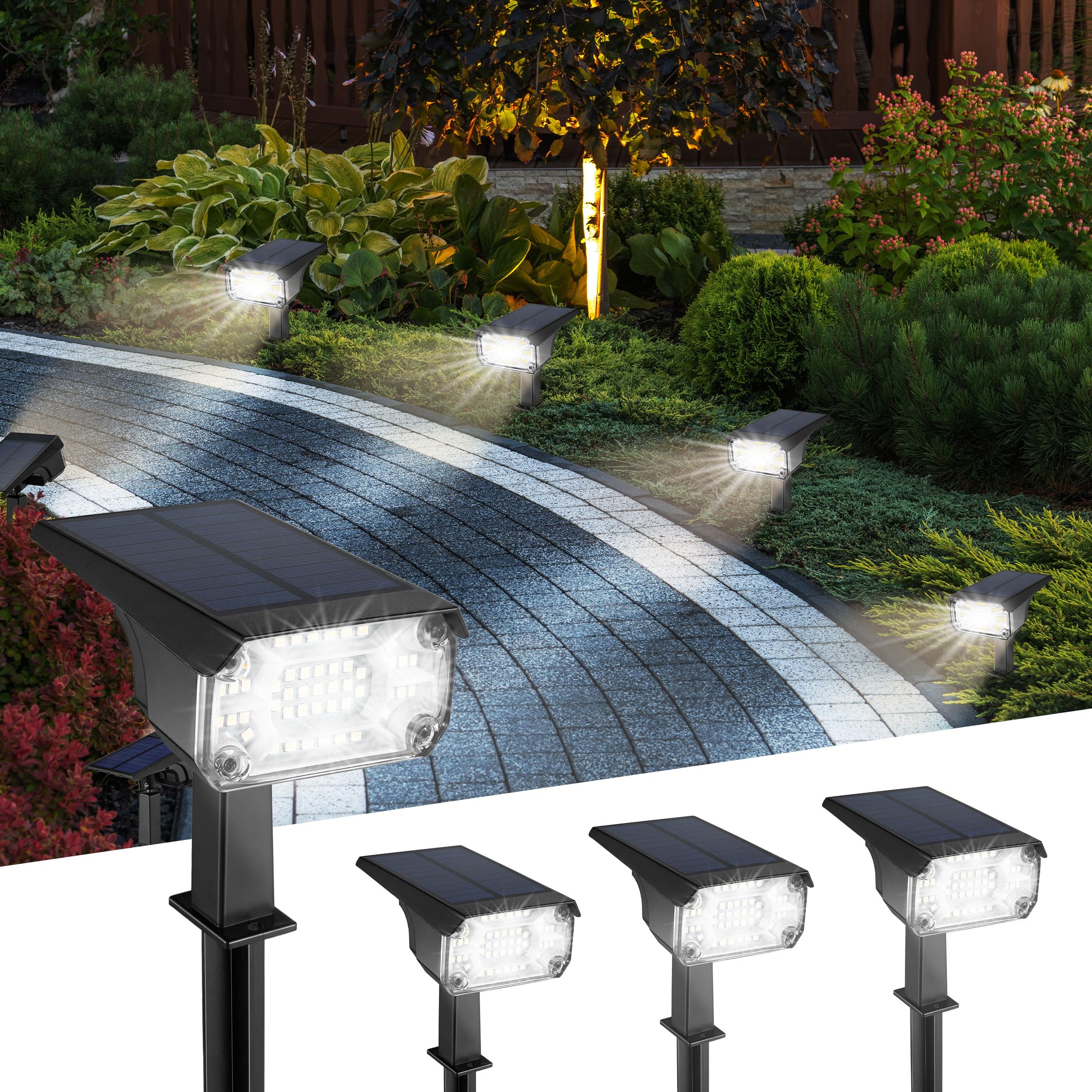Kingsyard Solar Spotlight Outdoor, 47 LEDs, IP68 Waterproof, USB & Solar Powered, 4 Pack, Warm White
