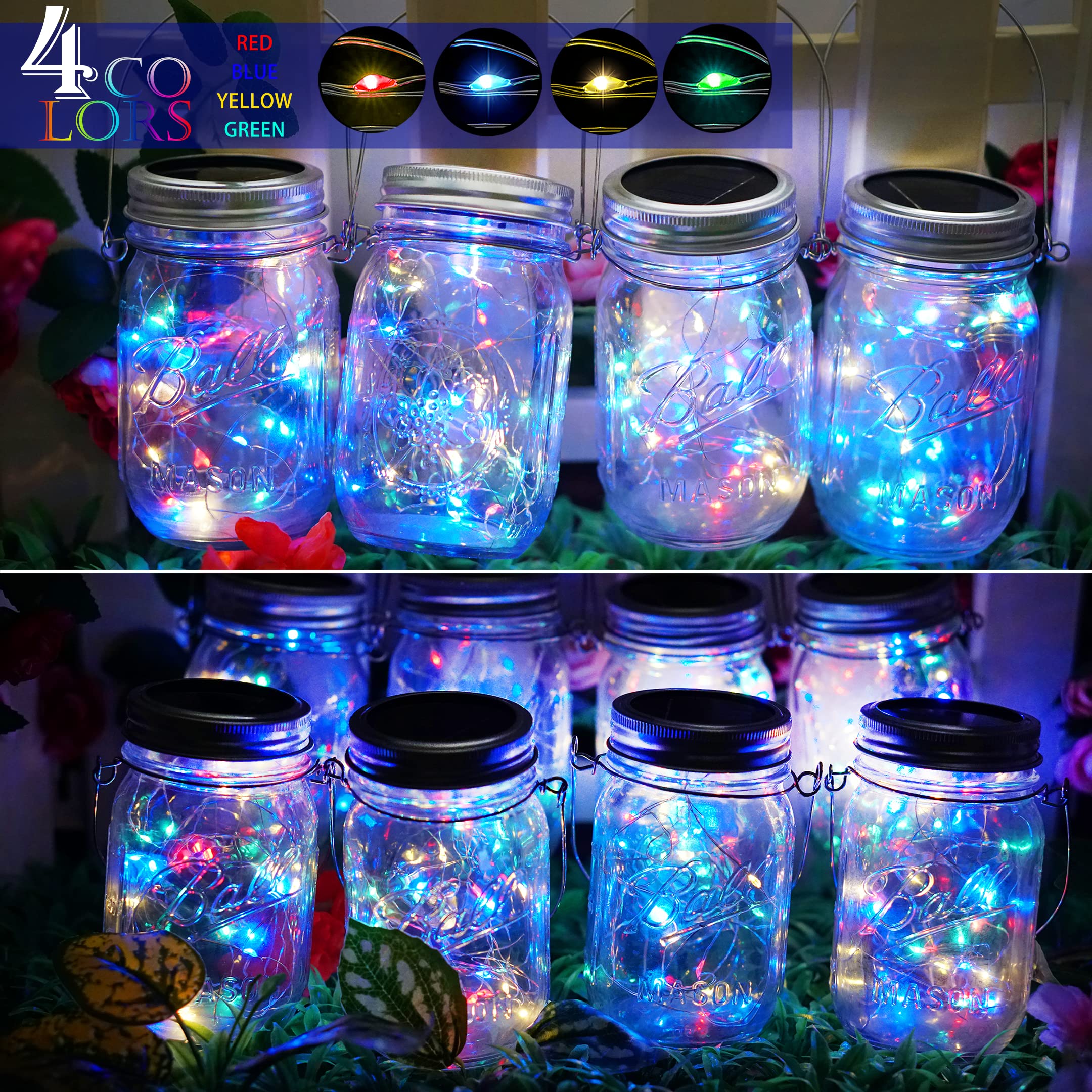 SunKite Solar Mason Jar Lights, 8 Pack 20 LED Waterproof Fairy Lights, Multi-Colored, for Patio, Yard, Garden, Wedding Decoration