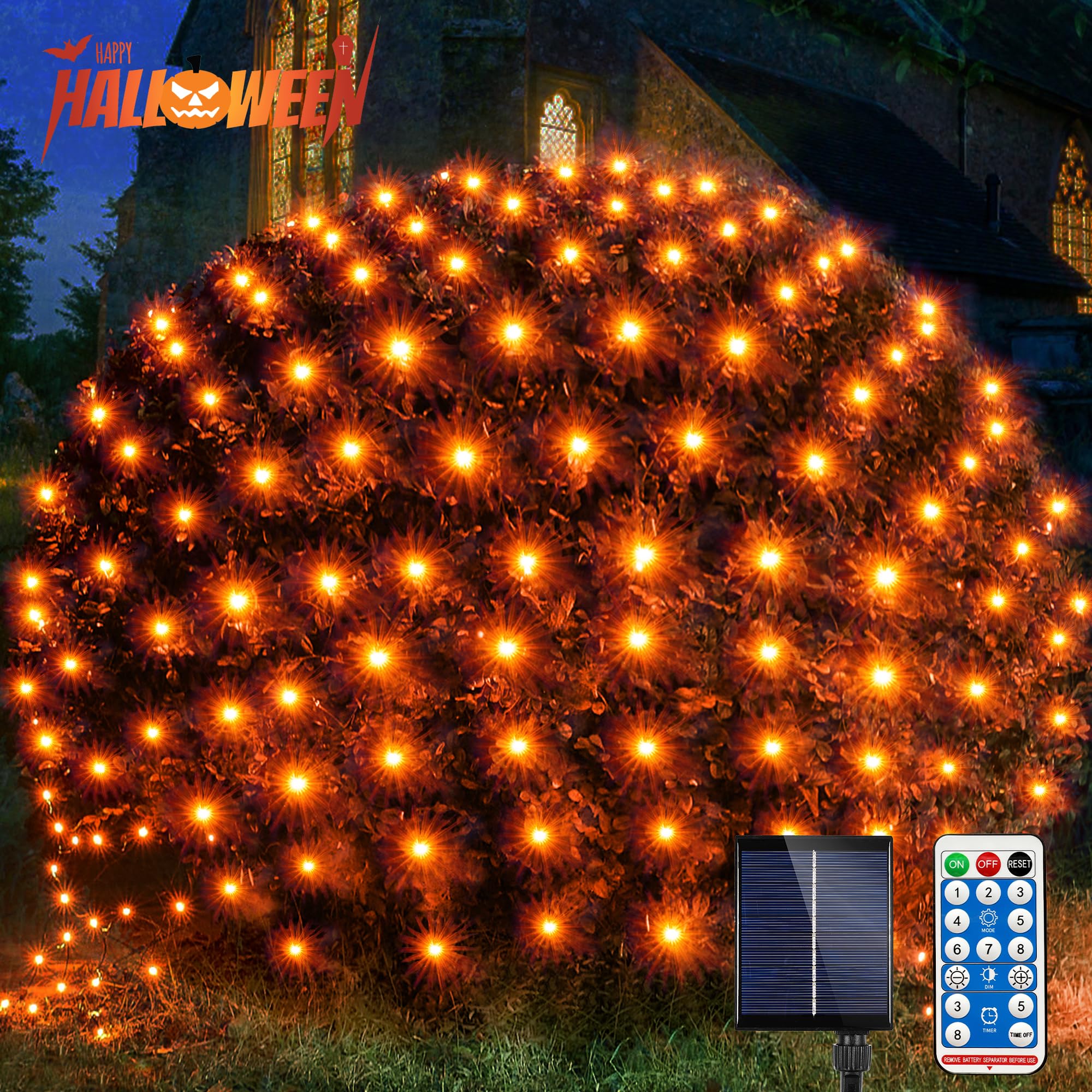 Wbao Solar Halloween Net Lights, 200Led 8.4Ft X 5.2Ft Orange Halloween Bush Lights With Remote, 8 Modes, Timer, Ip65 Waterproof & Dark Green Wire For Lawn, Bushes, Trees, Outdoor Halloween Decorations
