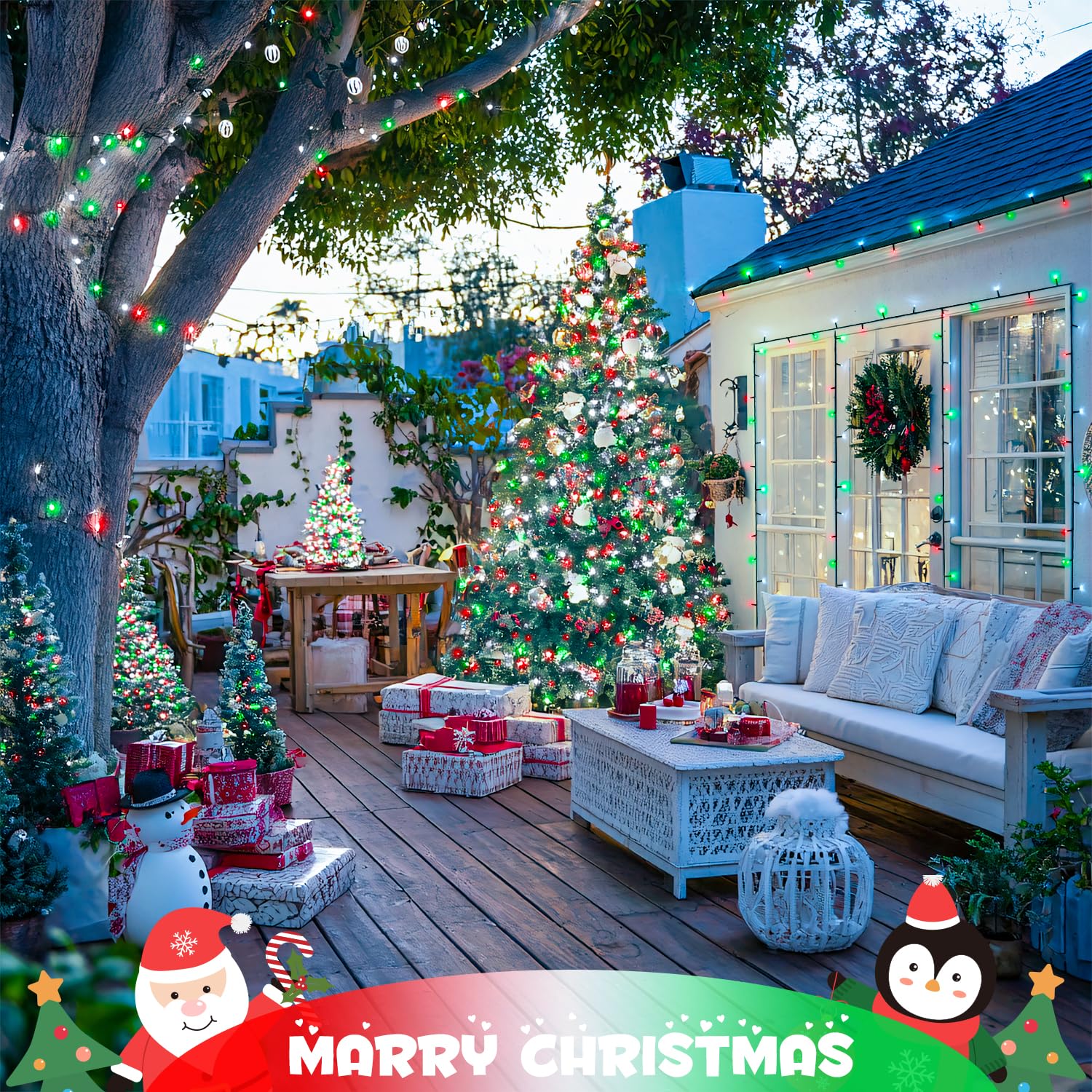 JMEXSUSS Solar Christmas Lights, 100 LED, 33 FT, Waterproof, Red White and Green, 2 Pack, Outdoor String Lights for Garden Decor