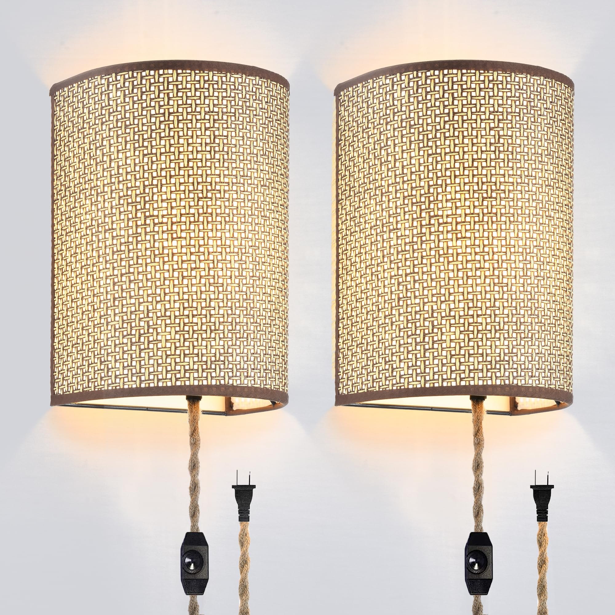 Xininsun Plug In Wall Sconce,Wall Sconces Set Of Two,Wall Lamp With Plug In Cord,Wall Sconce Lighting Dimmable Switch,Rattan Wal