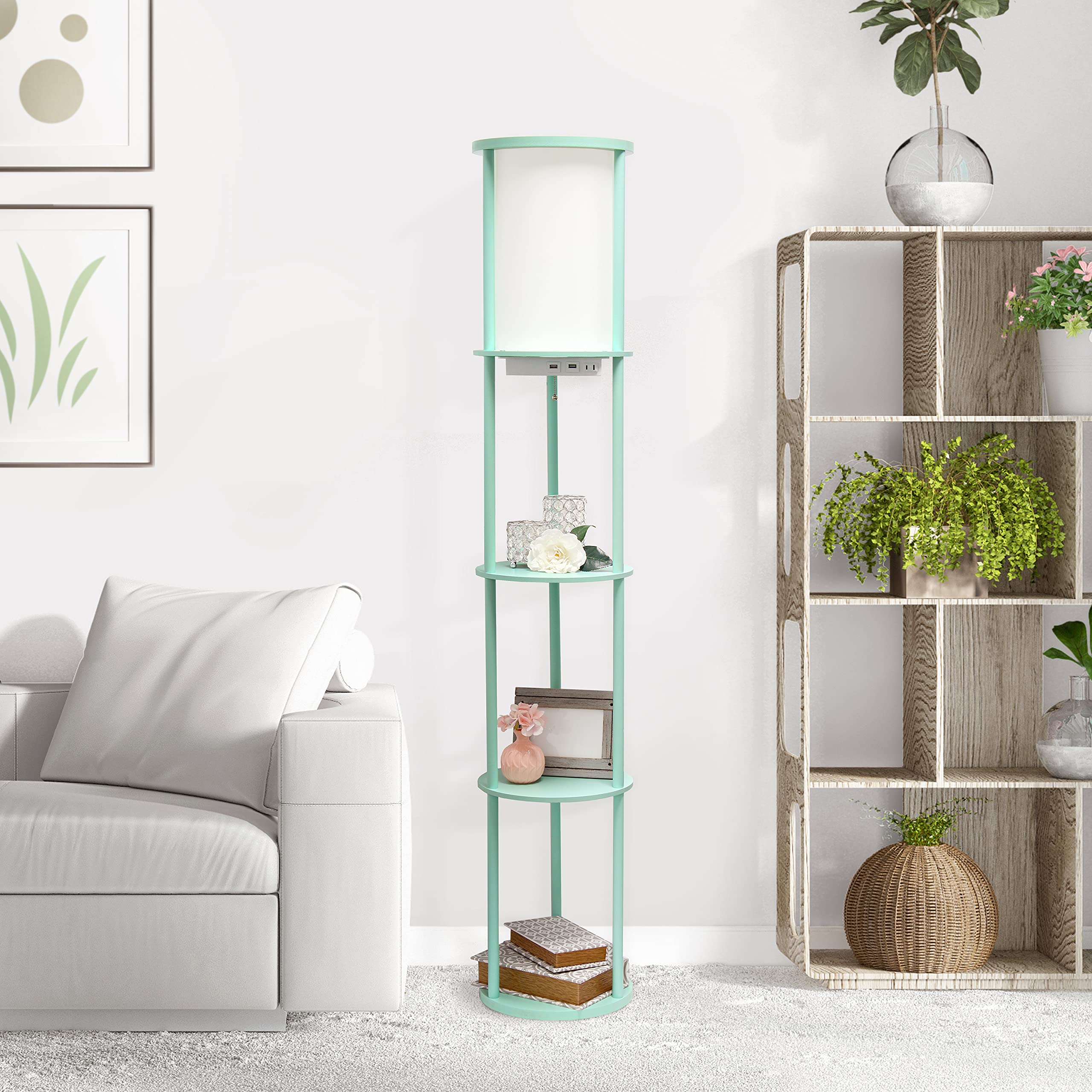 Simple Designs Round Shelf Etagere Floor Lamp with 2 USB Ports, Linen Shade, Aqua, 62.5in Tall, Model LF2010-AQU