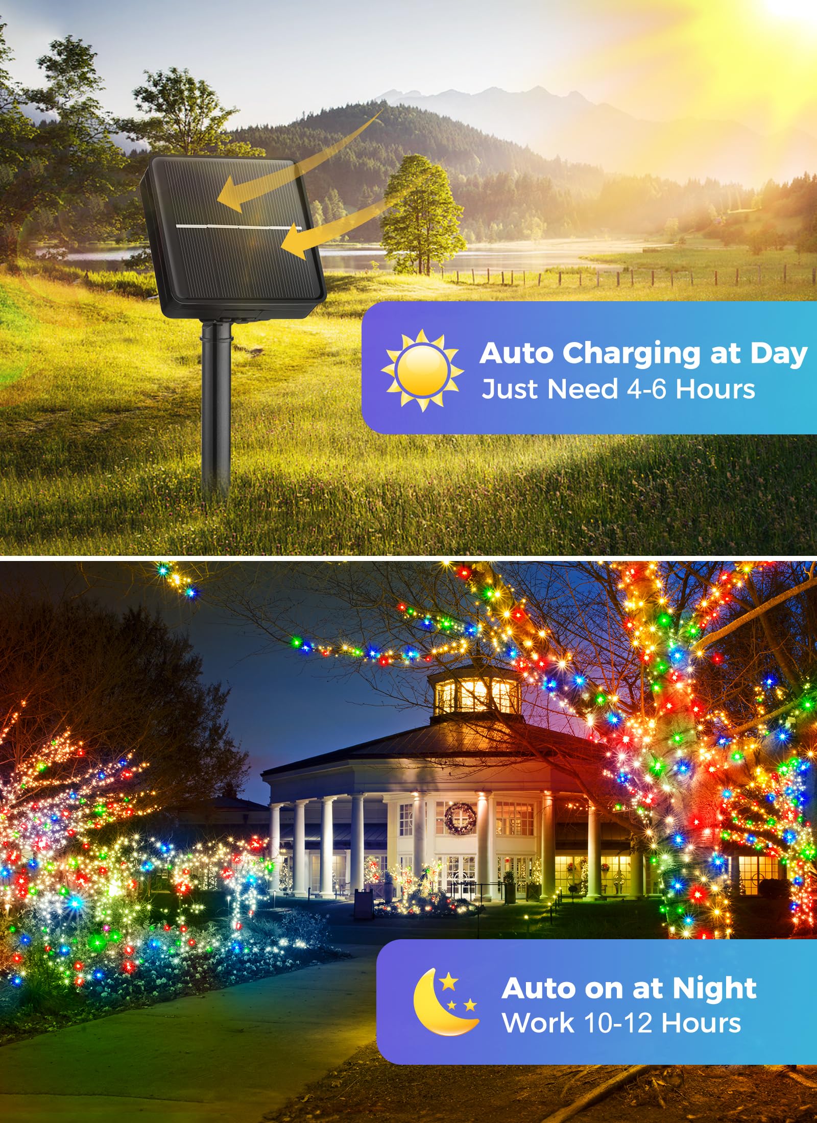 Minetom Solar Christmas Lights Outdoor - 2 Pack Total 144Ft 400 Led Christmas String Lights With 8 Lighting Modes, Ip65 Waterproof Solar String Lights For Outside Tree Xmas Party, Multicolor