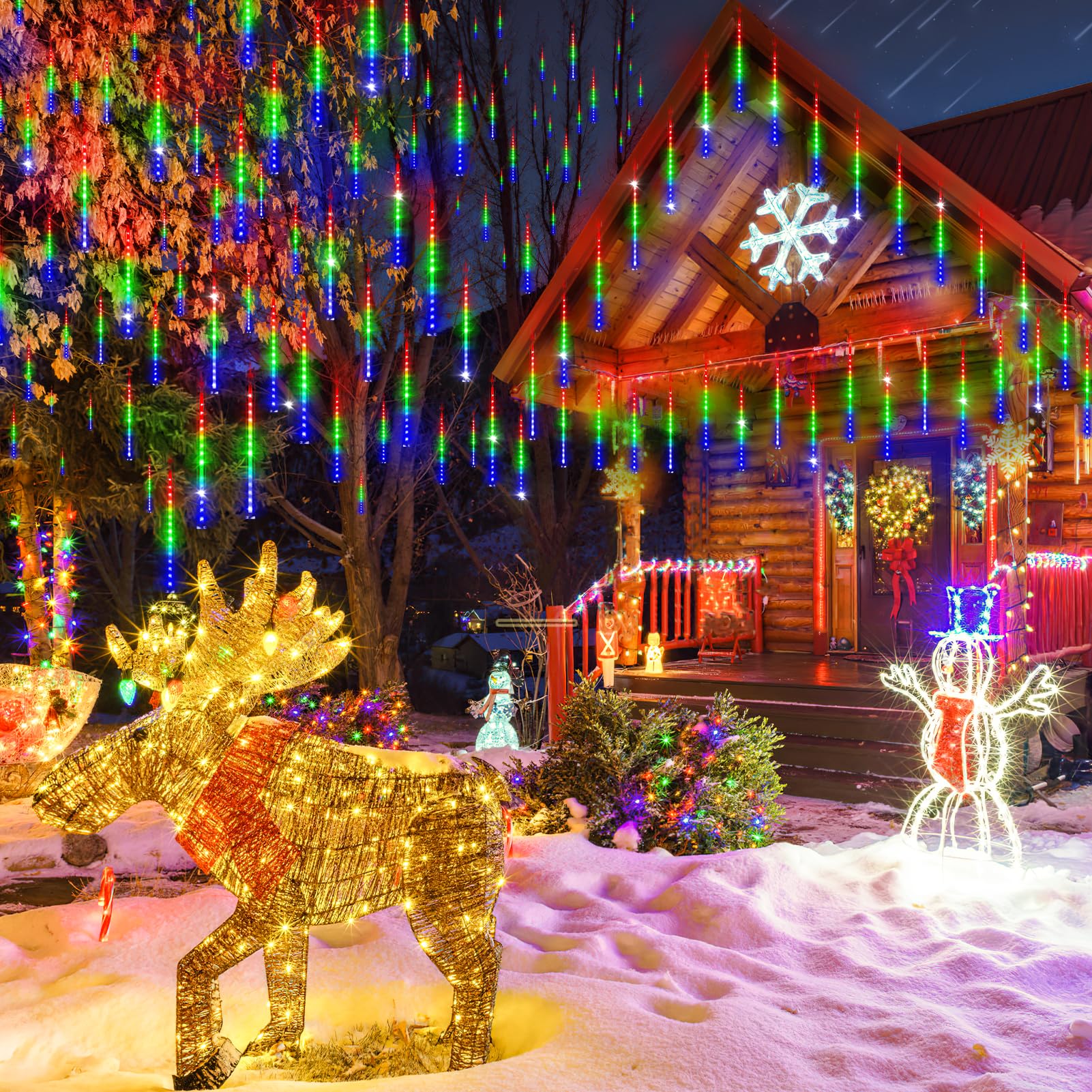 KNONEW 15in Outdoor Christmas Lights, 24 Tube 672 LED Meteor Shower, Waterproof, Multicolor, Model KN-1000-LIG168-01