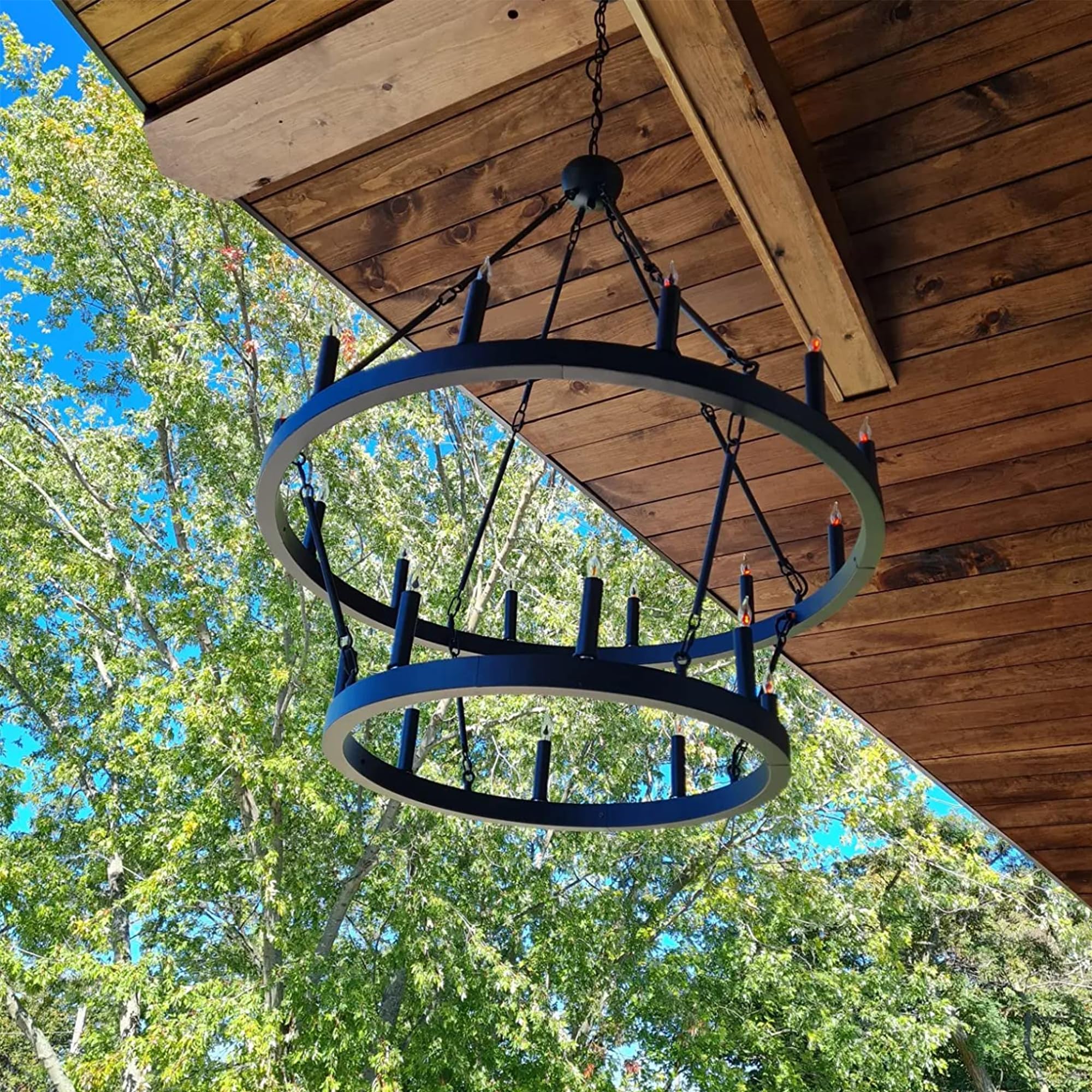 Wellmet Large Dining Room Chandelier, Black 2 Tier Wagon Wheel Vintage Chandelier, Farmhouse Round High Ceiling Light Fixture, I