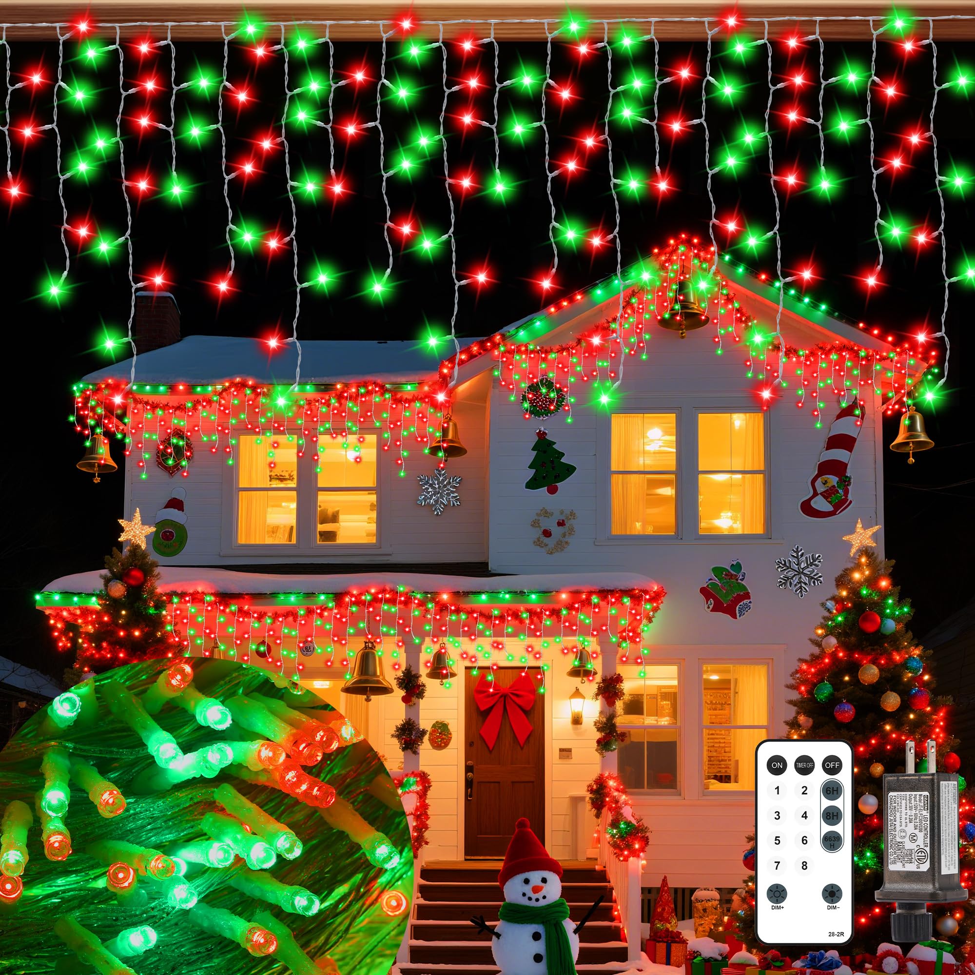 Vynoblip Christmas Ice Lights Outdoor  Red Green 99FT 1206 LED 8 Modes Plug in Xmas Tree Decorations Twinkle Fairy Light String with Remote Timer Memory for Roofline Yard Party Wedding Camping Decor