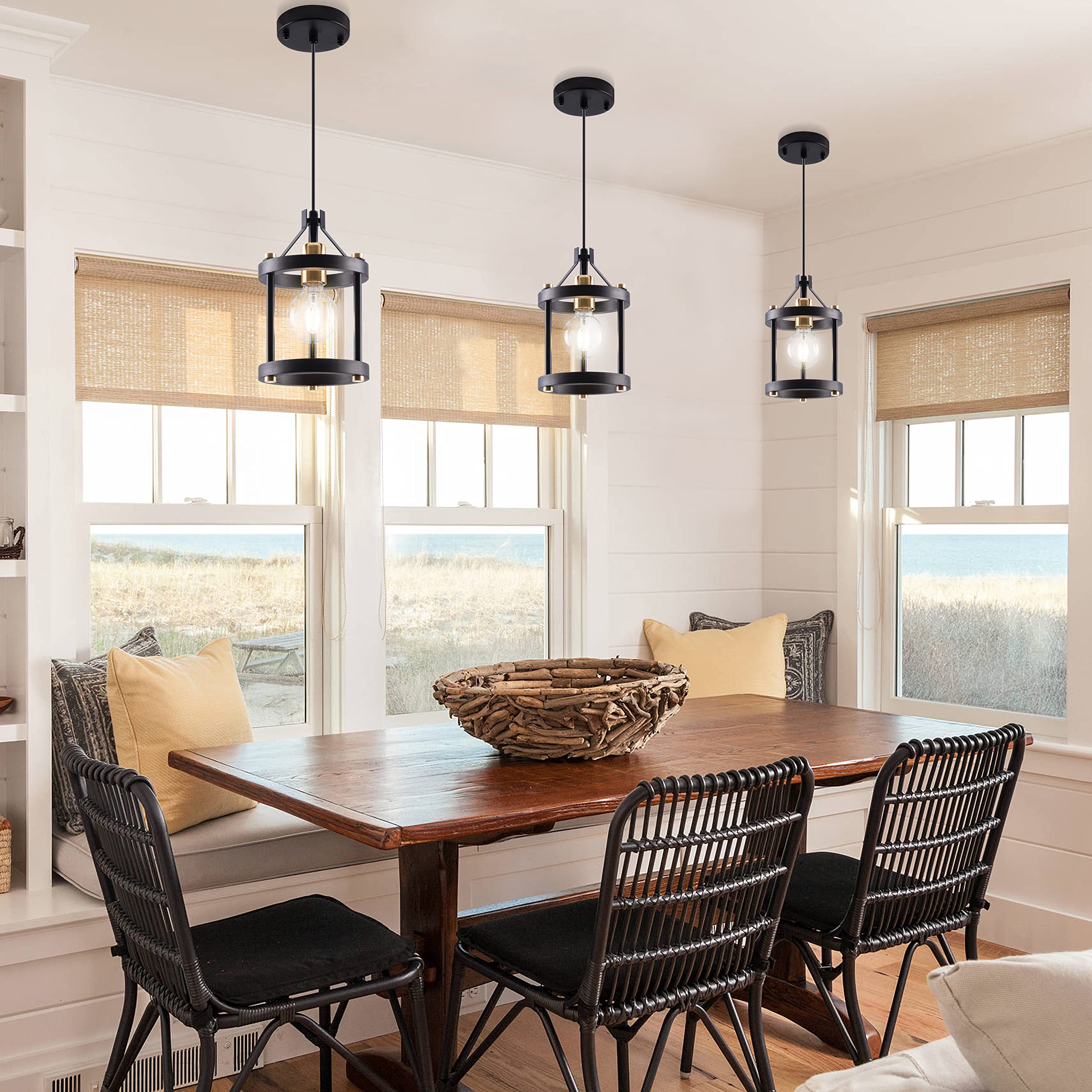 Mo&Ok Vintage Chandelier Set Of 3, Black Wooden Metal Pendant Lights For Dining Room & Kitchen