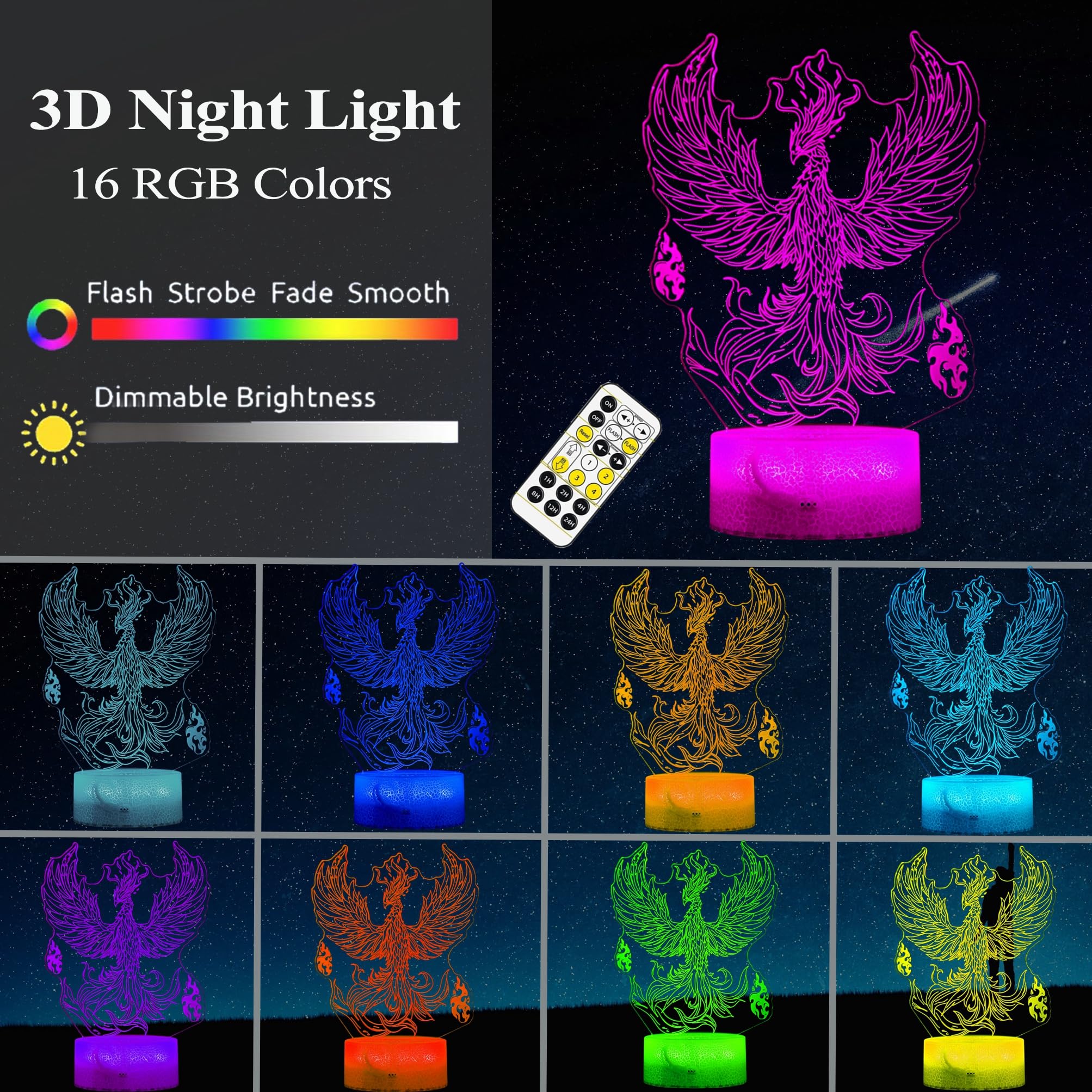 Posshe Phoenix Night Light, 3D Illusion Lamp, Phoenix Stuff With 16 Colors Changing, Remote Control, Dimmable, Kids Room Decorat