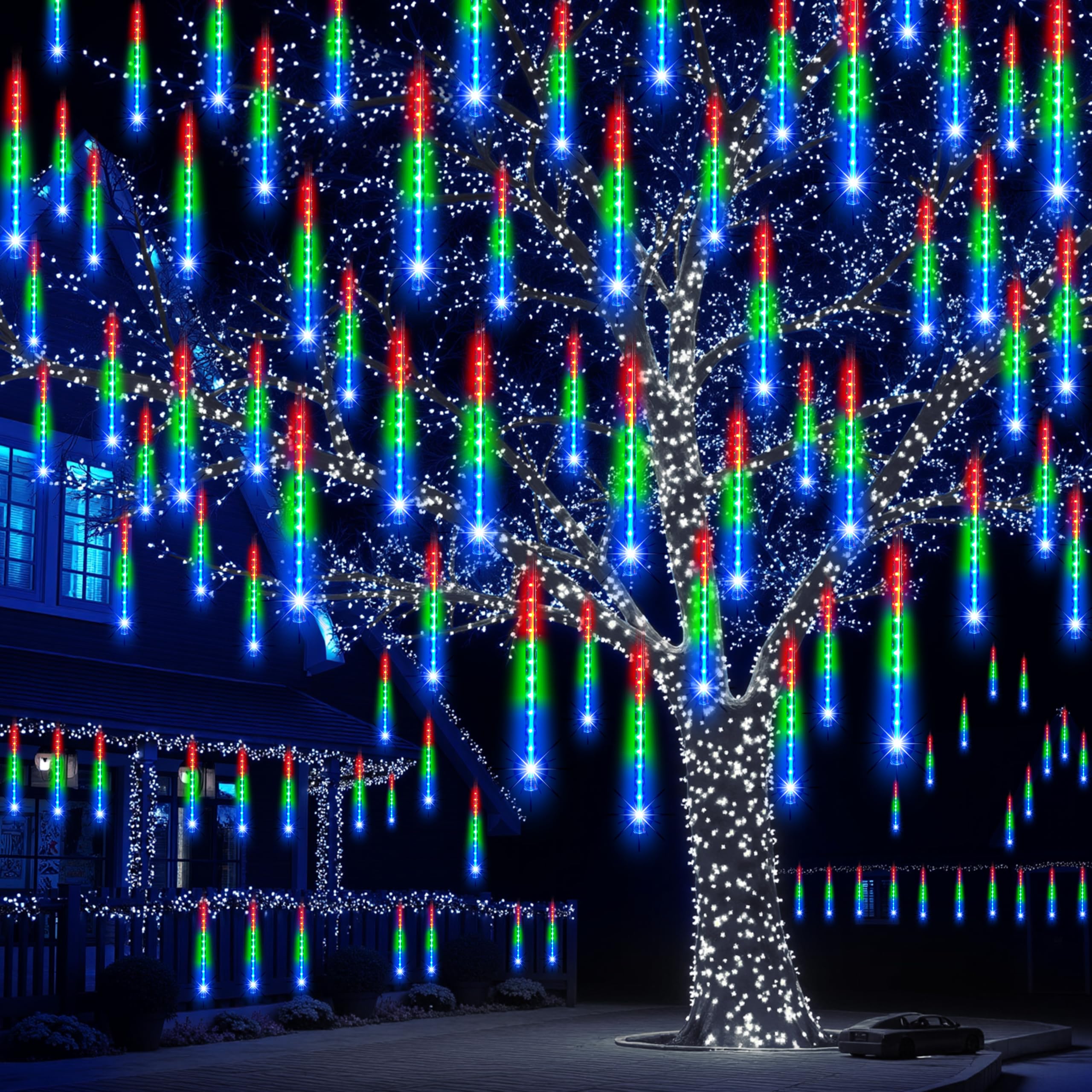 JOYIN Christmas Lights Outdoor 8 Tubes Meteor Shower Lights Multicolor 192 LEDs  Snowfall Icicle Cascading Rain Light for Christmas Tree Decorations  Wedding Party Holiday Decor