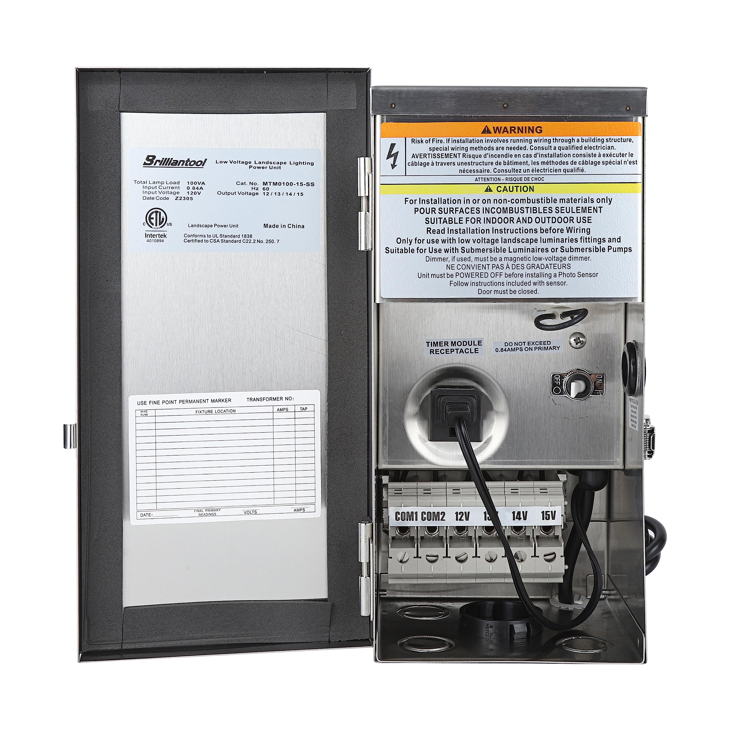 Brilliantool 100W Low Voltage Light Transformer, 120V Ac To 15V/14V/13V/12V Ac Transformer, Outdoor Transformer For Low Voltage