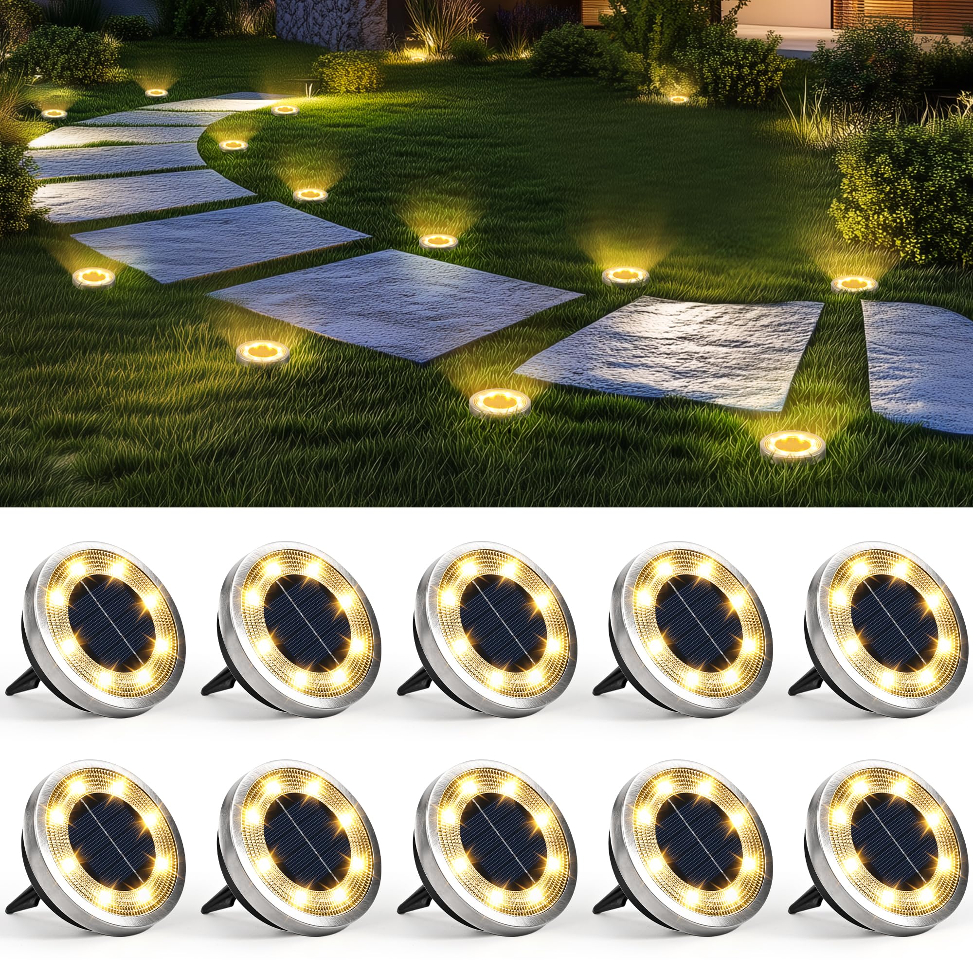 SOLPEX 10 Pack Solar Ground Lights Outdoor Waterproof, Solar Powered Pathway Lights, Landscape Lighting for Garden Walkway Drive