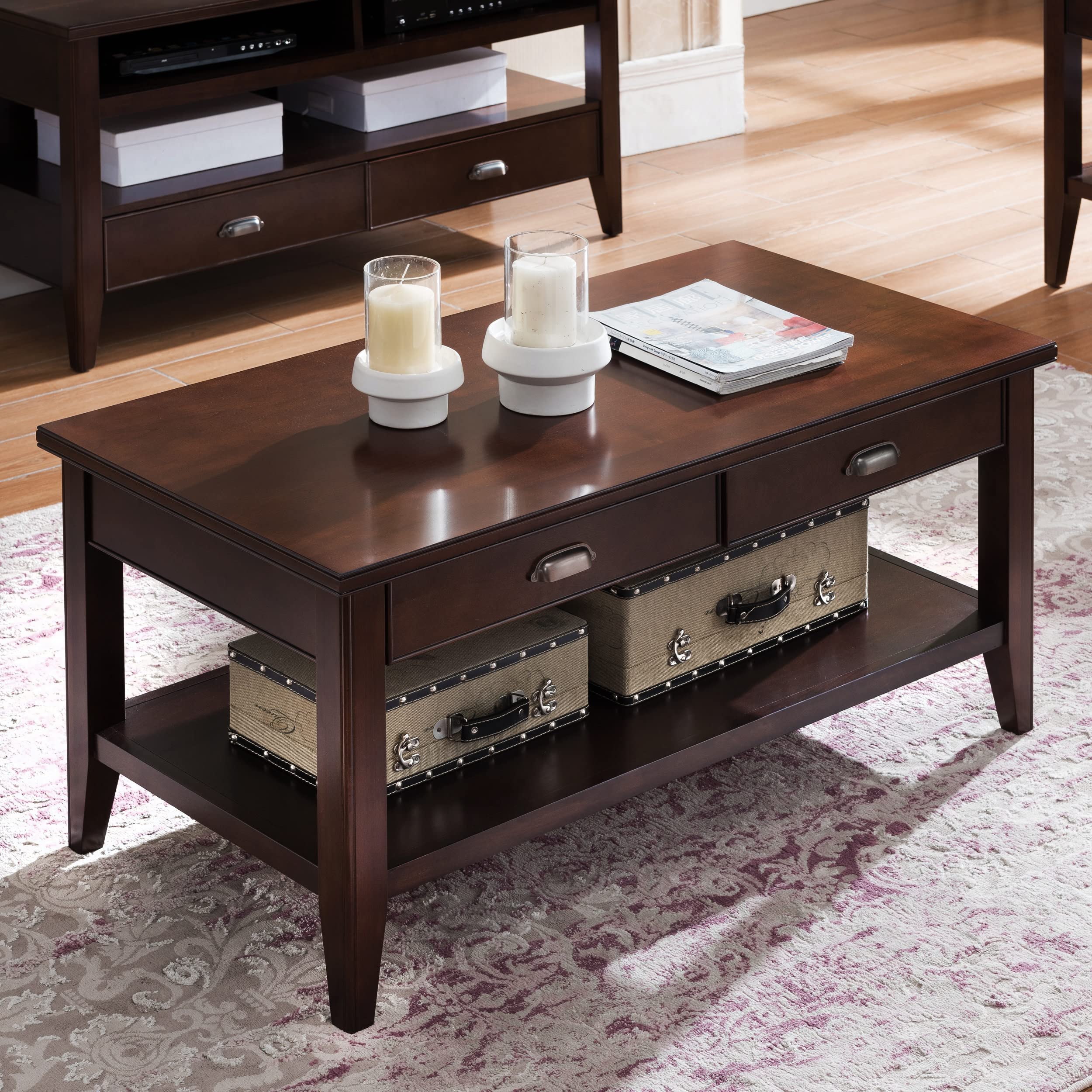 Leick Home 10504 Laurent Two Drawer Coffee Table With Shelf, Chocolate Cherry