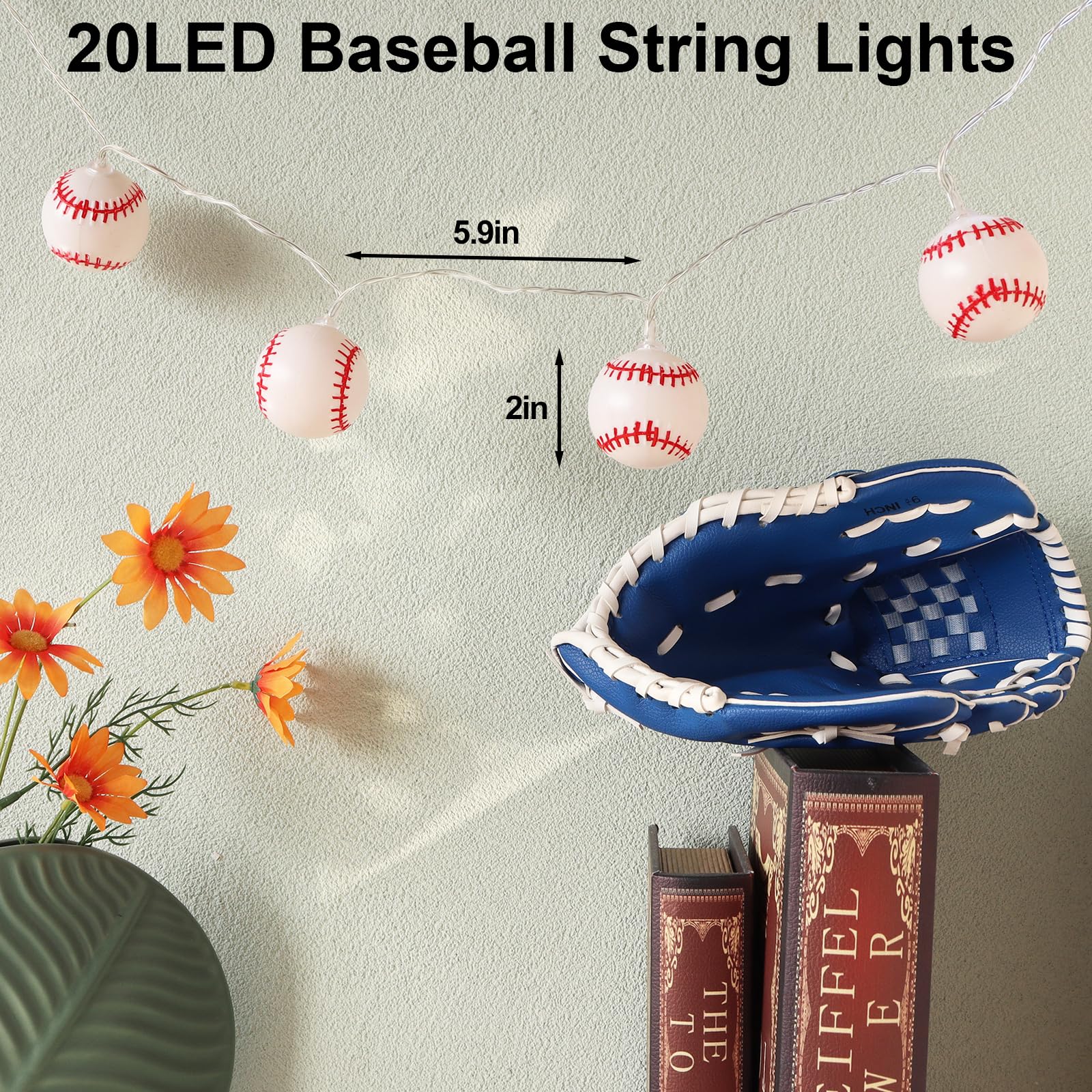 Yayfazy Baseball Decor String Lights  Battery Operated 9.9Ft 20Led 8 Mode With Timer Sports Room Decor Lights For Boys Bedroom Or Sports Theme Party  Christmas Gift For Son  Grandson  Baseball Lover