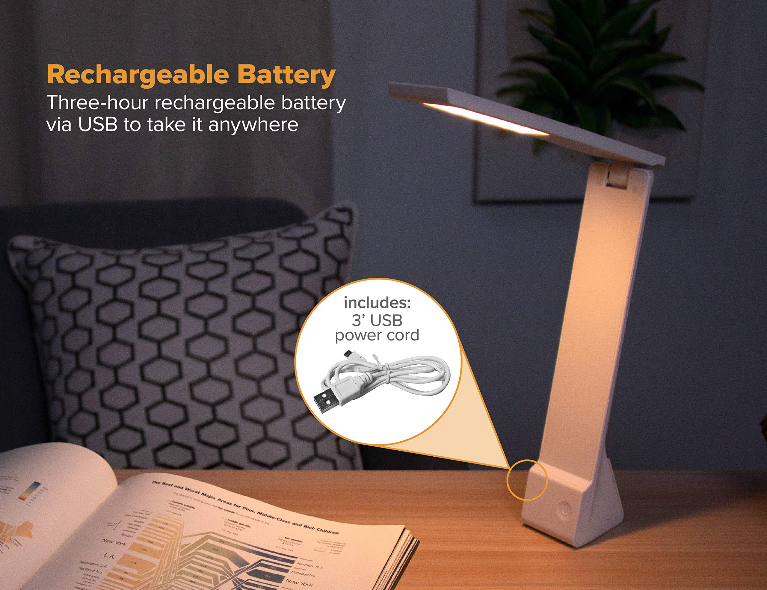 Bostitch LED Desk Lamp KT-VLED1810-BLK, Rechargeable, 3 Color Temperatures, Black Plastic