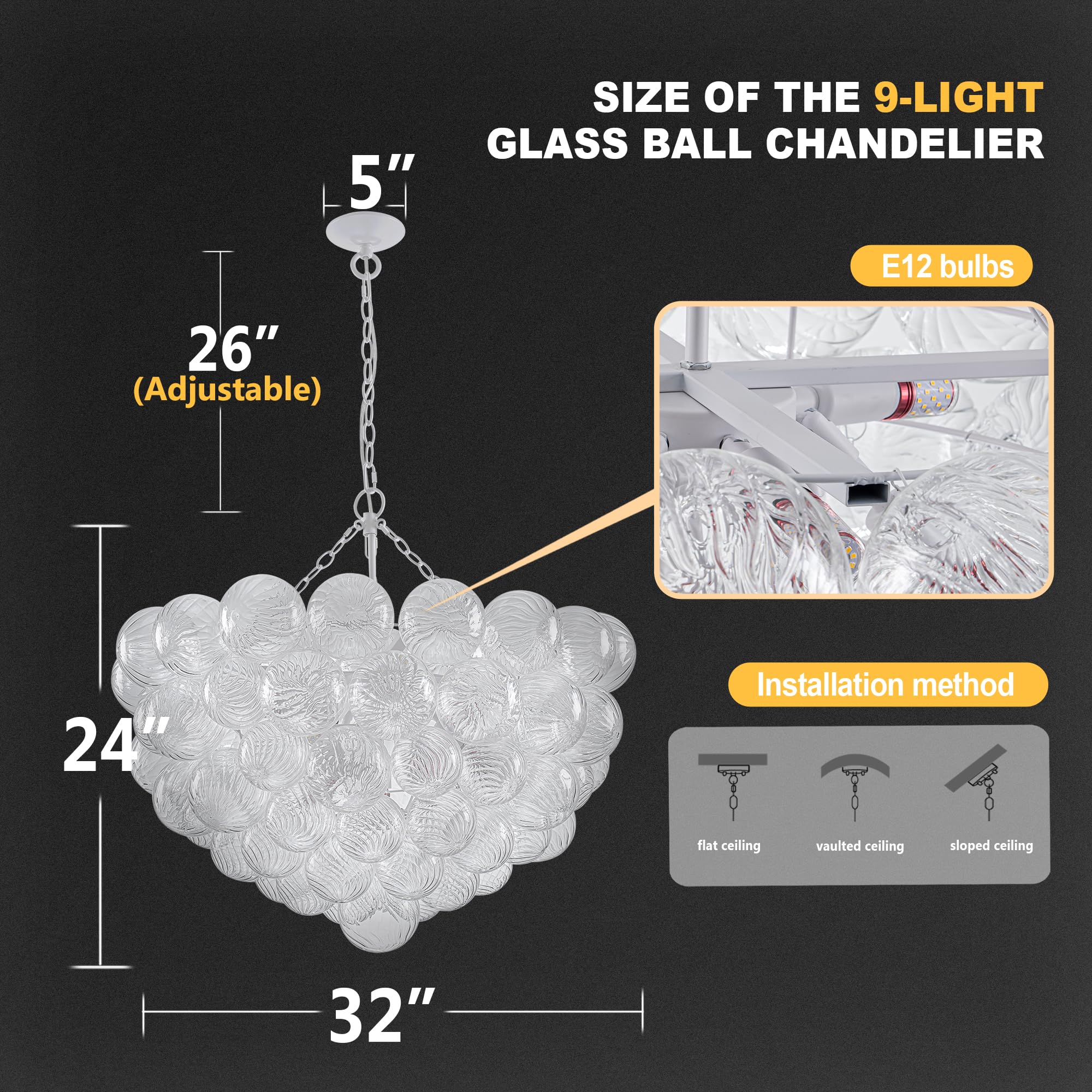 Beypan Bubble Ball Swirled Glass Chandelier White Finish 32'' Dia Clear Globe Pendant Light Fixture For Bedroom Dining Room Tabl