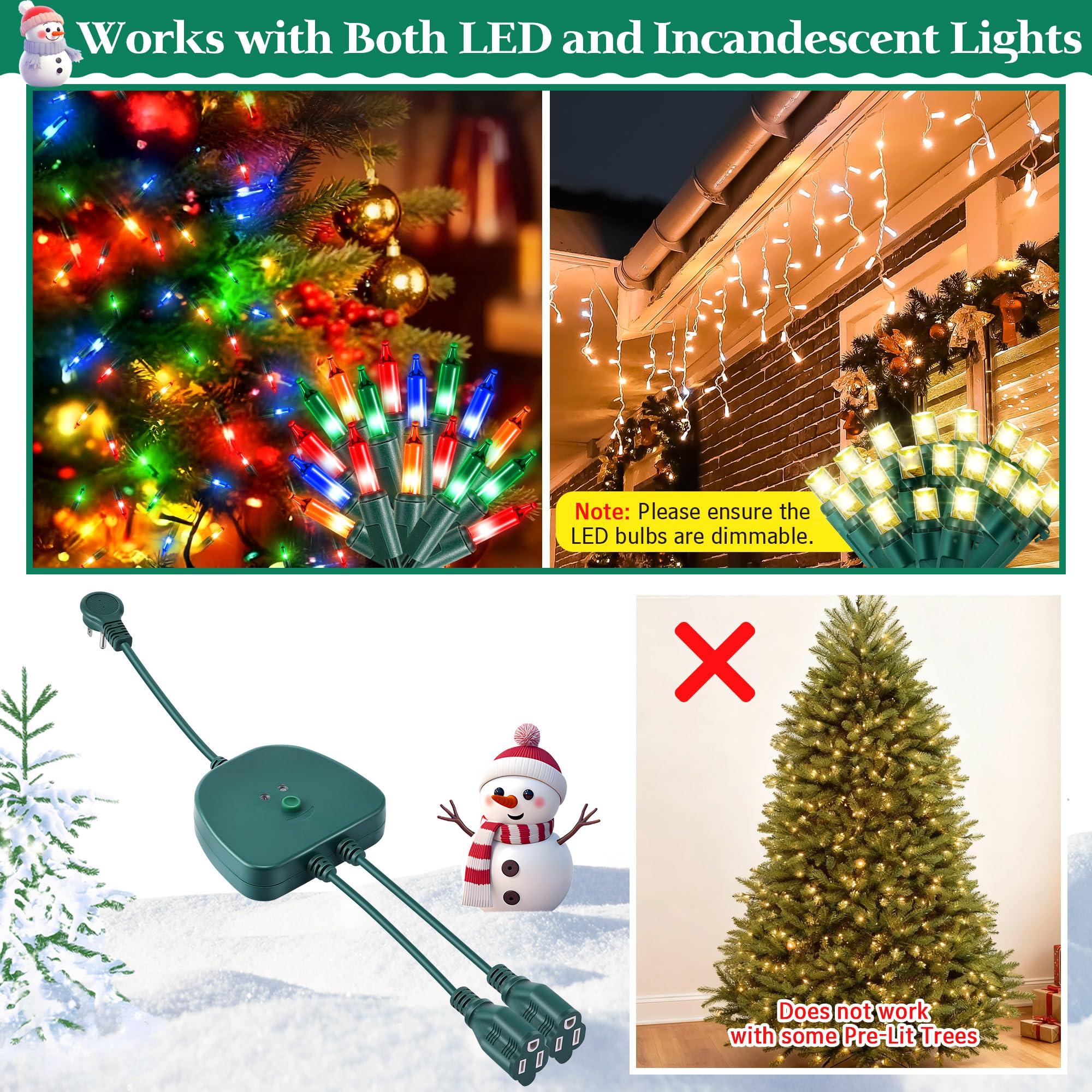Gulfmew Christmas Light Controller, 2 Channel, 14 Functions, Remote, Dusk to Dawn Sensor, Green, Model TD-Gulfmew-1065