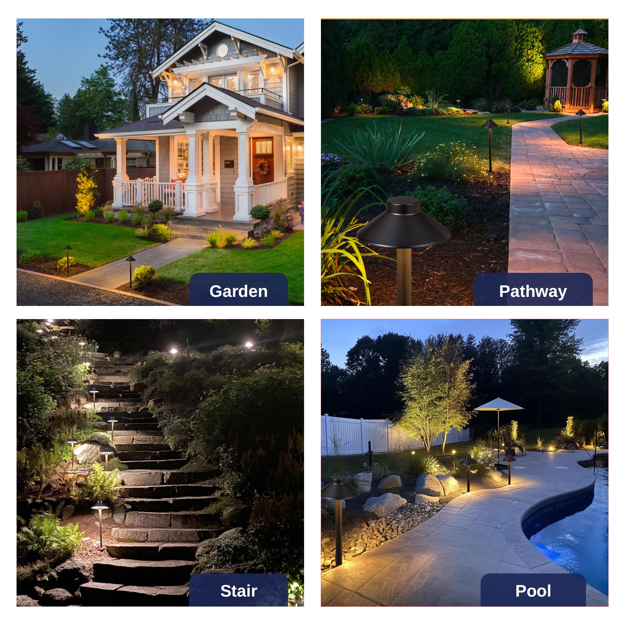 Gardenreet Low Voltage Landscape Lighting - Brass Pathway Lights, 4-Pack, 12V, Waterproof, Black, Model PL-2401-Black-4-5000K-G4