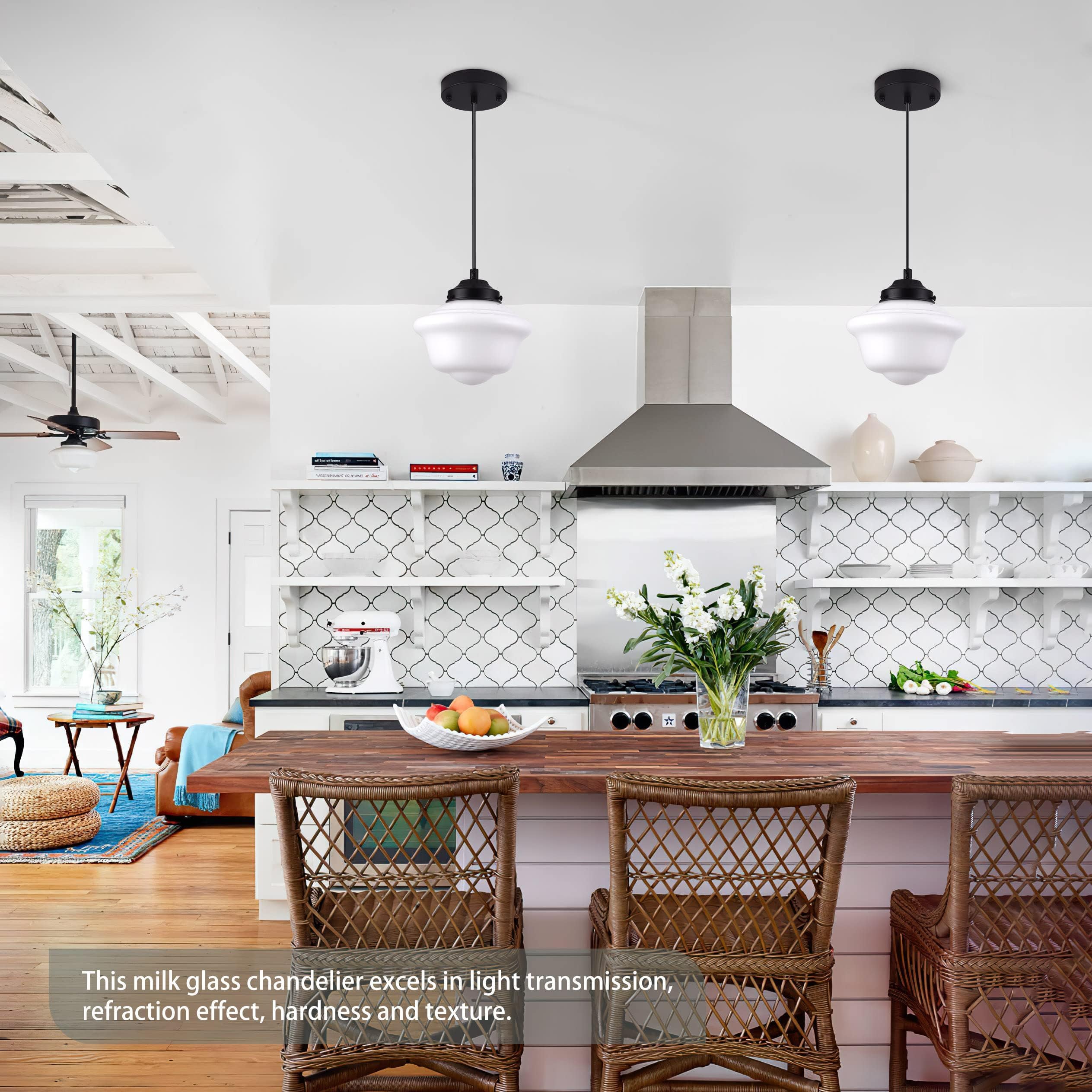 Ayshwilldec Black Schoolhouse Light Fixture 8'' Milk Glass Pendant Light Schoolhouse Pendant Light Milk Glass Light Fixture Mid