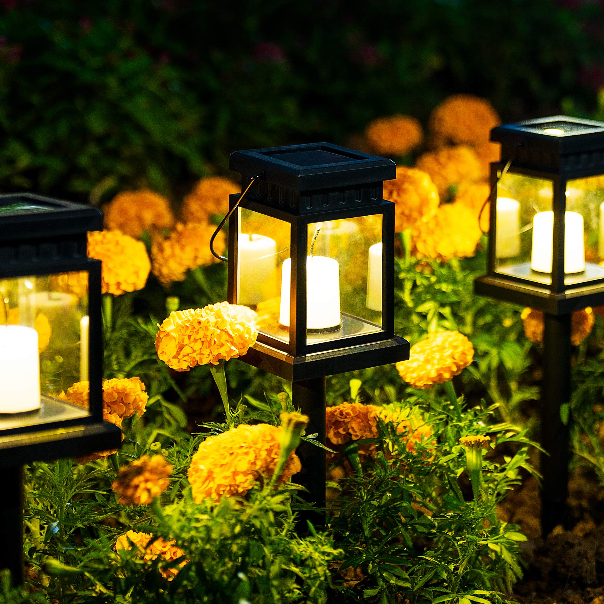 SOLPEX Solar Lanterns Outdoor - 8 Pack LED Hanging Lights, Waterproof, Candle Effect, Black, 3.5"x3.5"x16.2", Model 8374-X