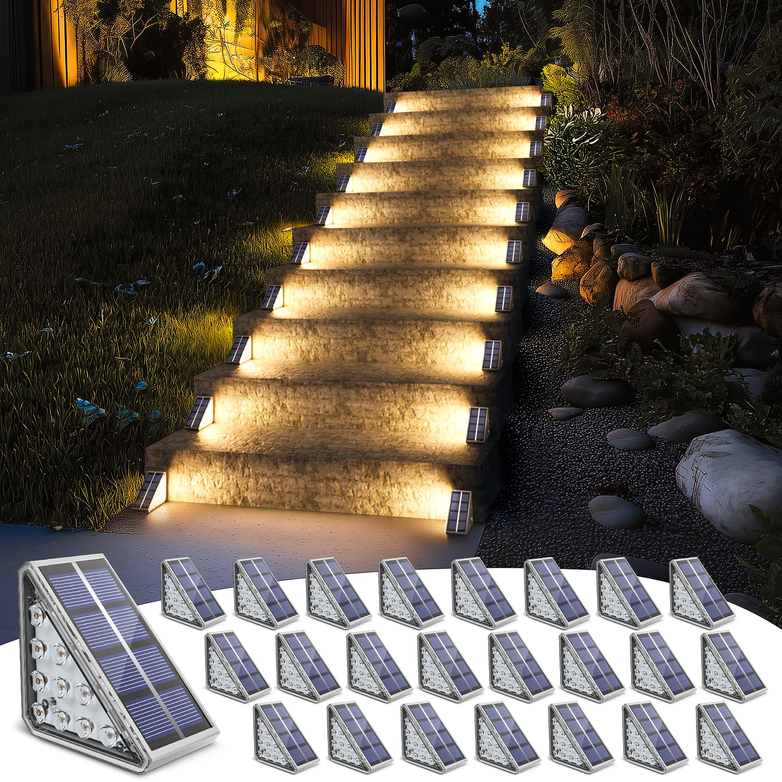 Niorsun 24 Pack Solar Stair Lights, Ip67 Waterproof, Auto On/Off, Warm White For Steps & Yard
