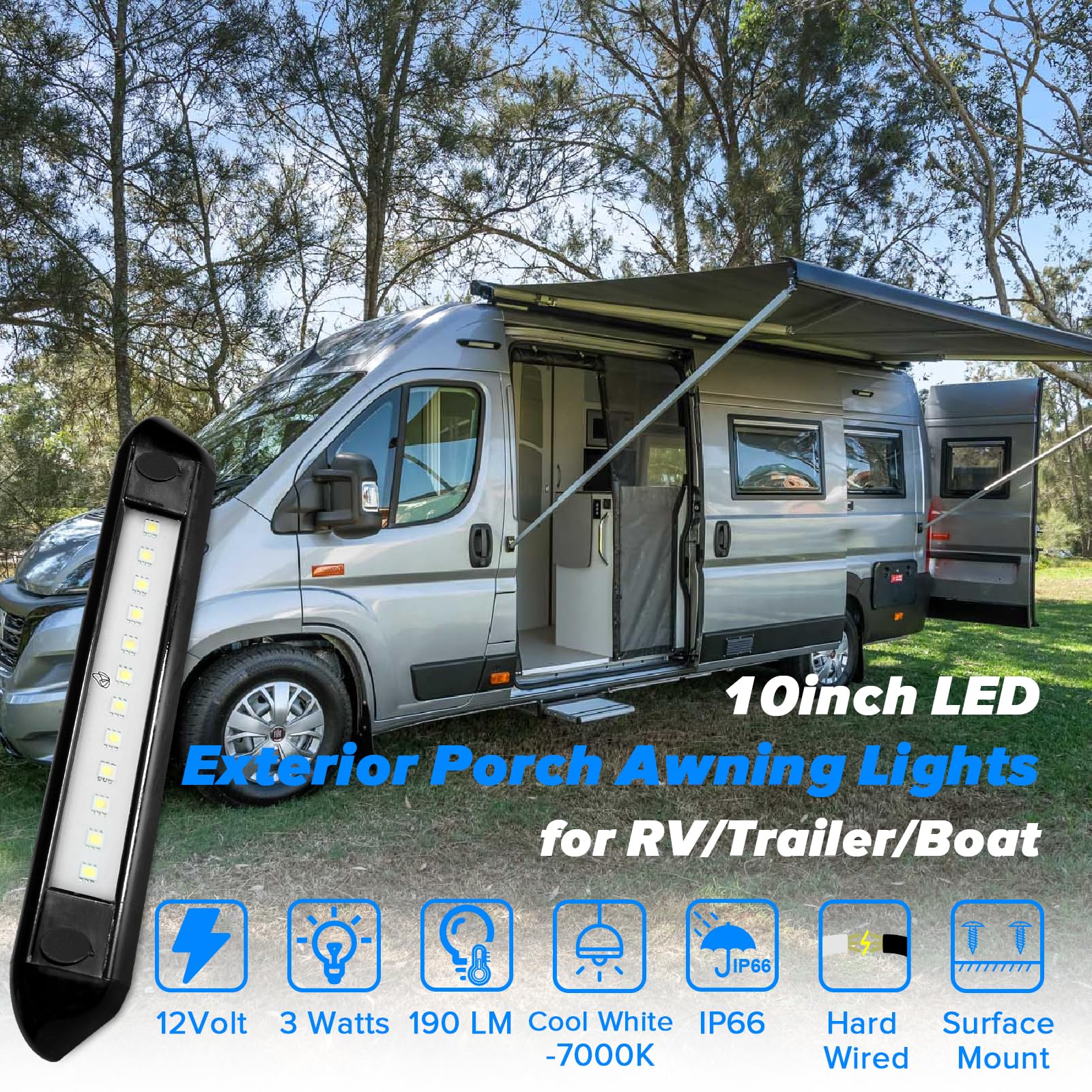 Dream Lighting 12V Waterproof Awning LED Lights, 9.84" Cool White, Black Shell, Pack of 2, Model 0013502H-C