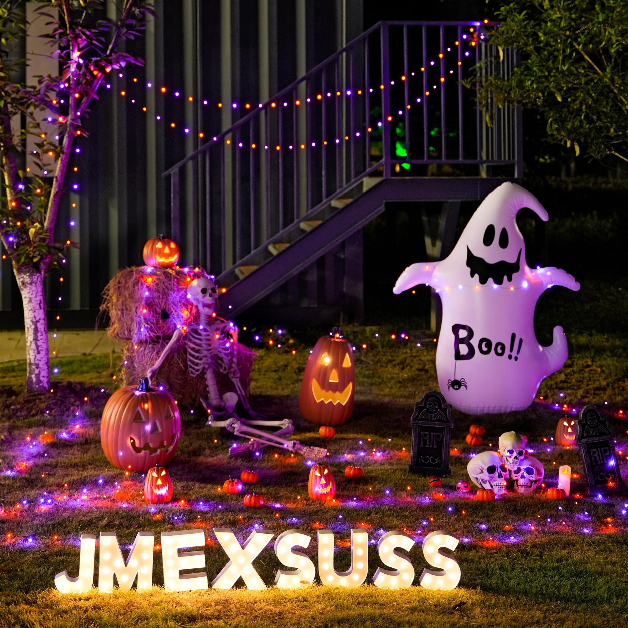 JMEXSUSS Halloween Fairy Lights, 200 LED 66ft, Battery Operated, 8 Modes, 2 Pack, Orange & Purple, Model a4612e84-463d-