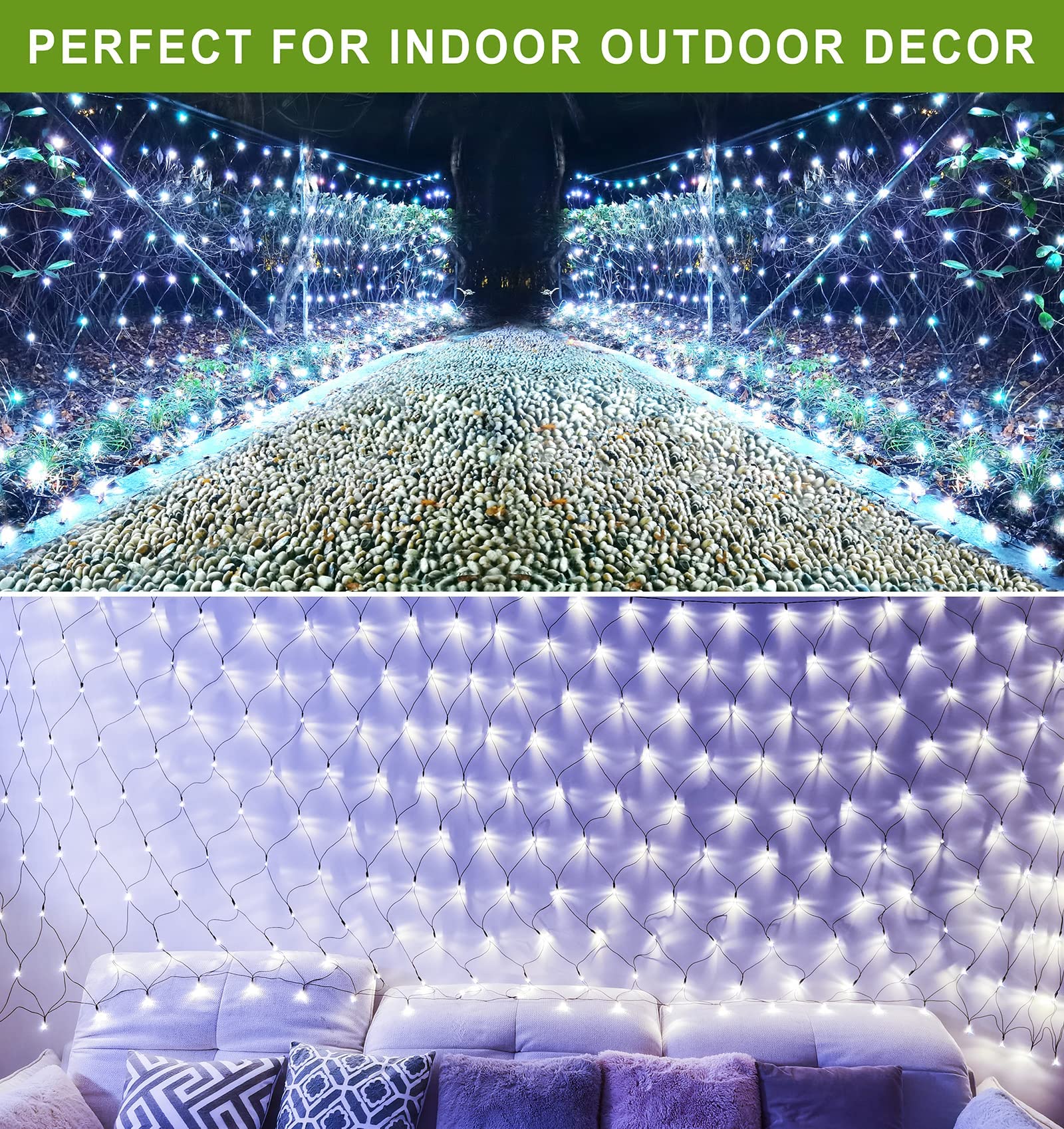 Heycolor Solar Net Lights Outdoor, 240 Led Cool White Mesh Lights Waterproof, 11.5 Ft X 5 Ft 8 Modes Green Wire String Lights Wi