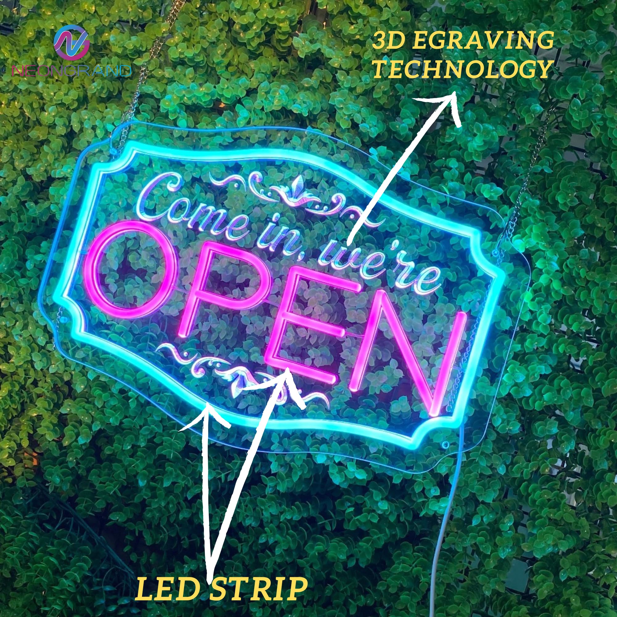 NEONGRAND LED Neon Open Sign - Adjustable Brightness, 16.5x11in, Pink and Ice Blue, Acrylic Decor for Business and Parties