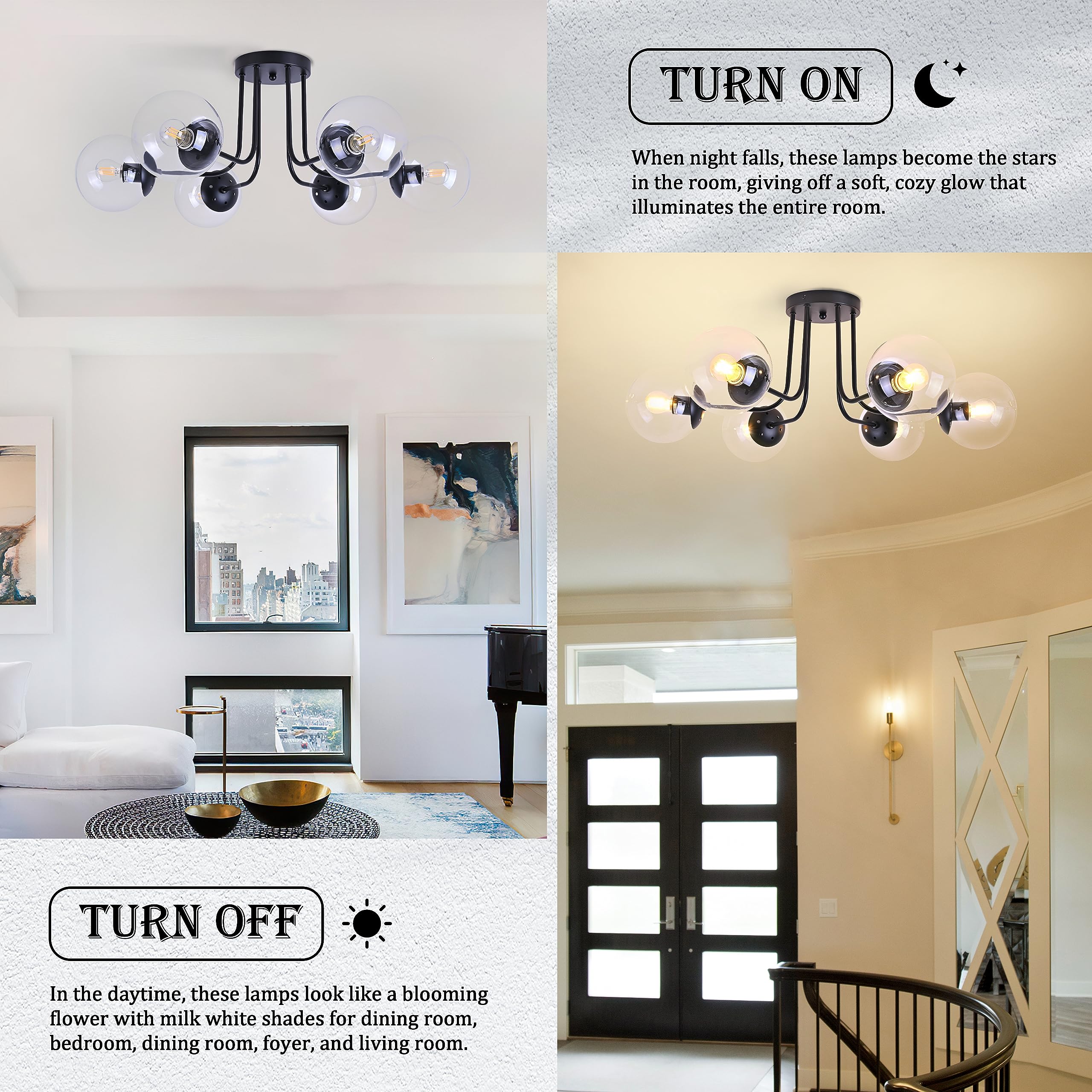 Koko&Yukina 6-Light Modern Semi Flush Mount Ceiling Light Fixture Mid Century Ceiling Light Globe Ceiling Light With Clear Glass