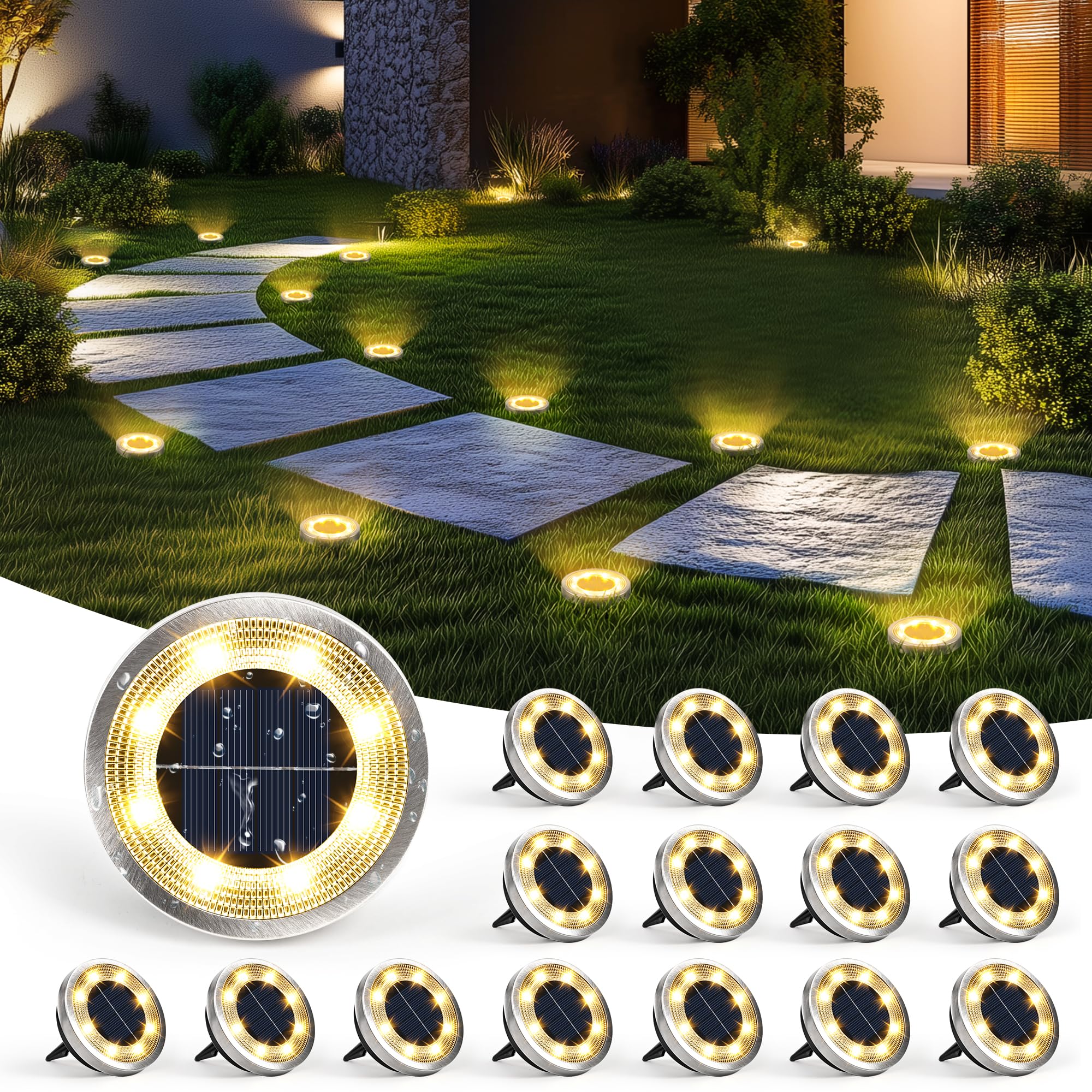 SOLPEX Solar Ground Lights 16 Pack Waterproof Landscape Lighting Warm White Model 9816 for Garden Walkway Driveway Decor