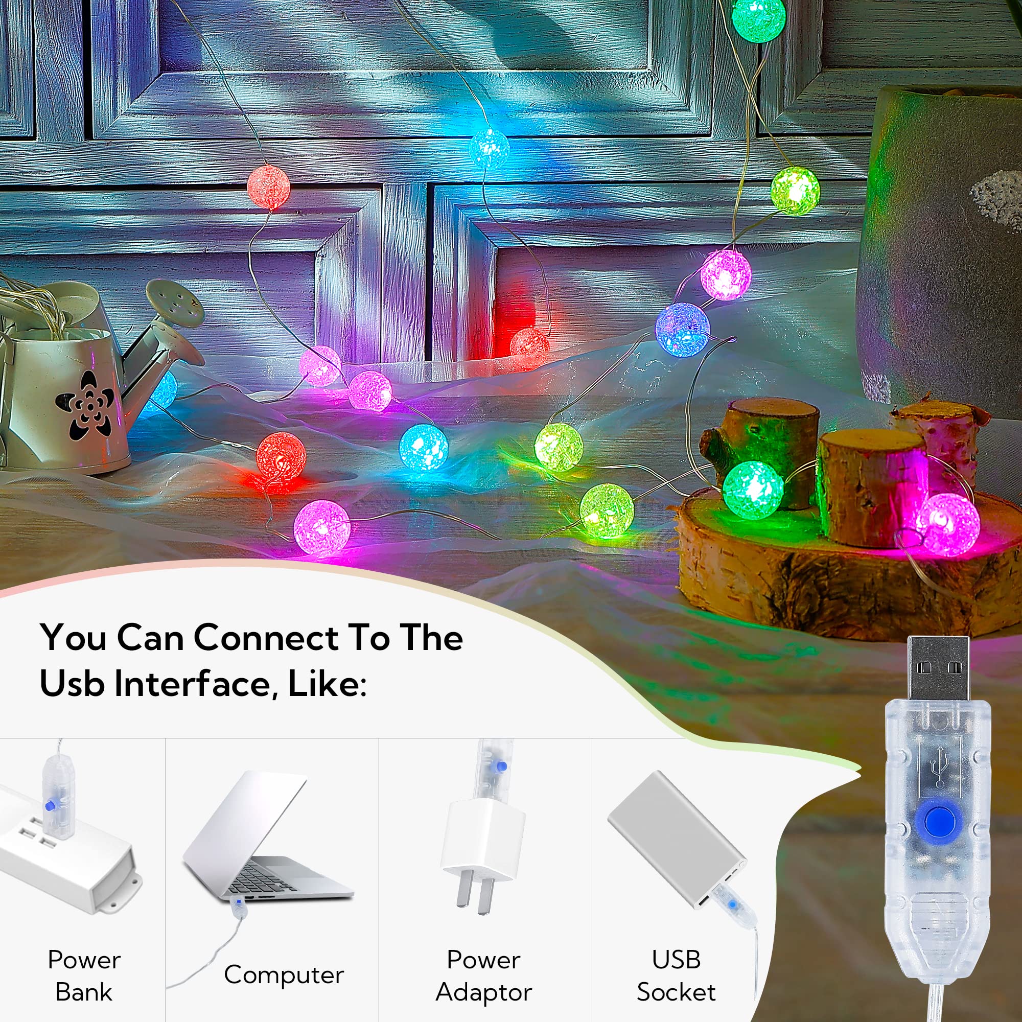 BEEWIN Globe String Lights, 30 LED USB Operated, 10FT, RGB Crystal  le Ball Fairy Lights for Indoor/Outdoor, Wedding, Christmas