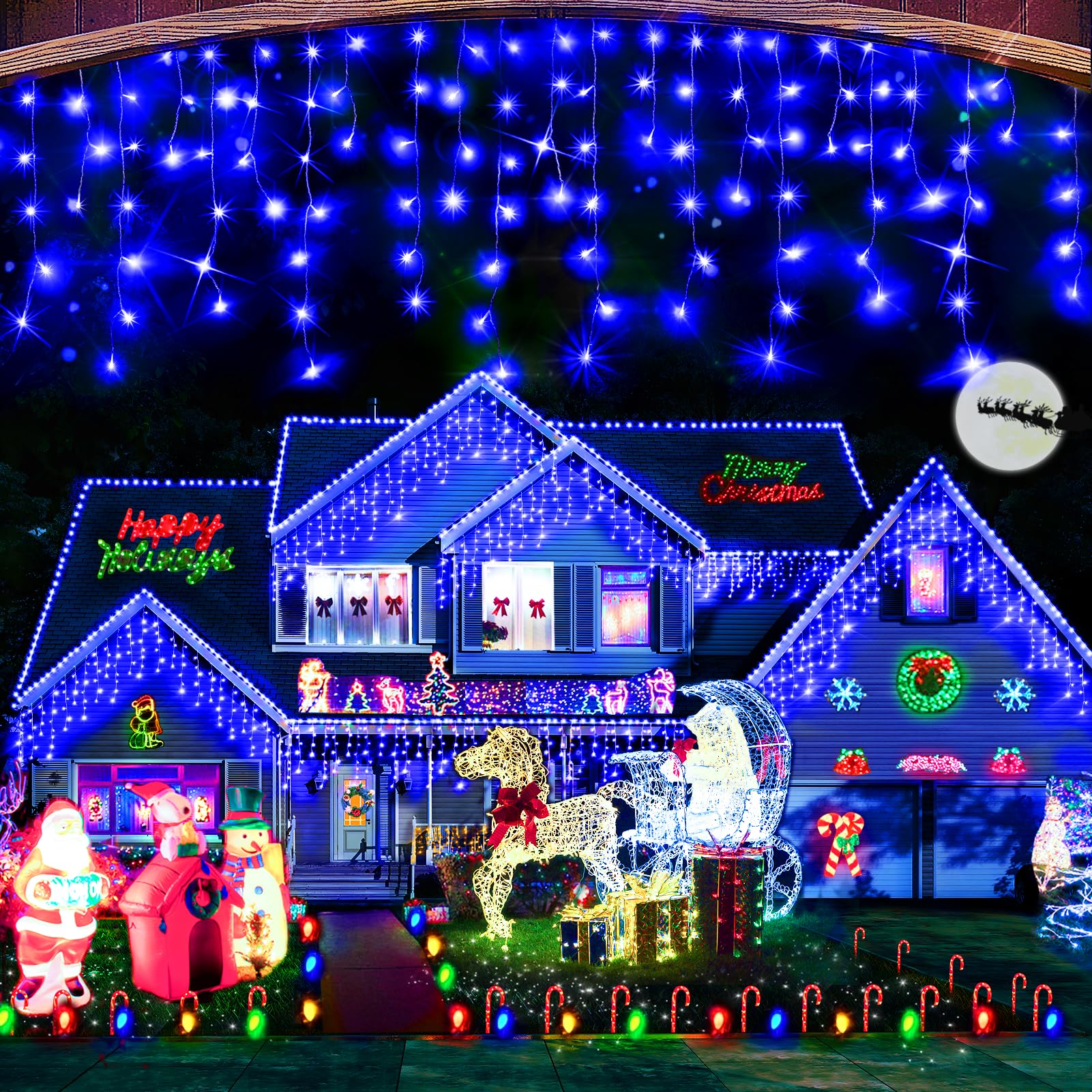 Hezbjiti Christmas Lights Decorations Outdoor, 1600 Led 164 Ft 8 Modes Rain Drops Fairy String Curtain Lights For Christmas Decor Eaves Window Party Yard Garden Indoor(Blue, 1600Led 164Ft)