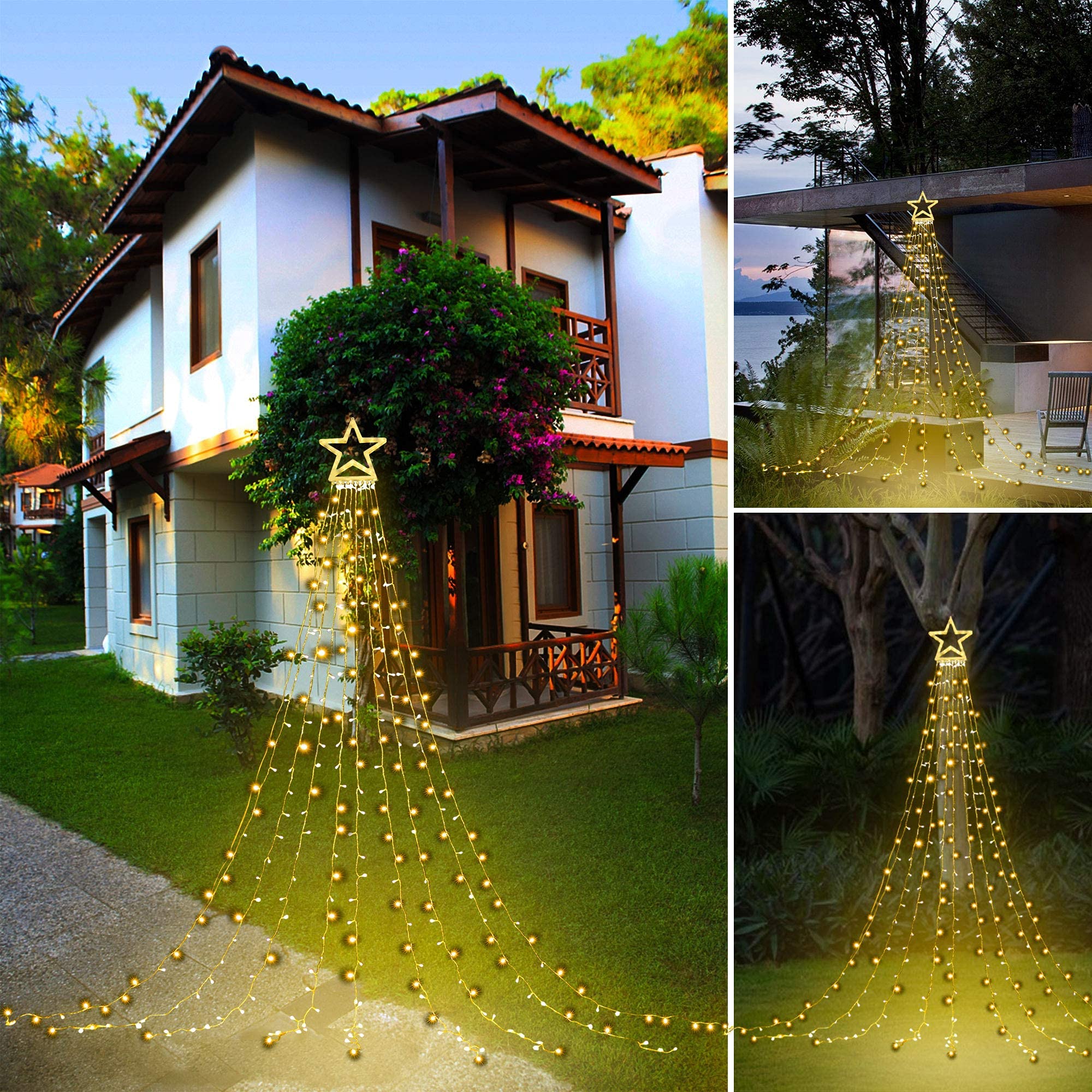 Puhong Christmas Decoration Outdoor Star String Lights,16.4Ft Christmas Tree Toppers Lights 320 Led 8 Memory Modes With 14'' Lig
