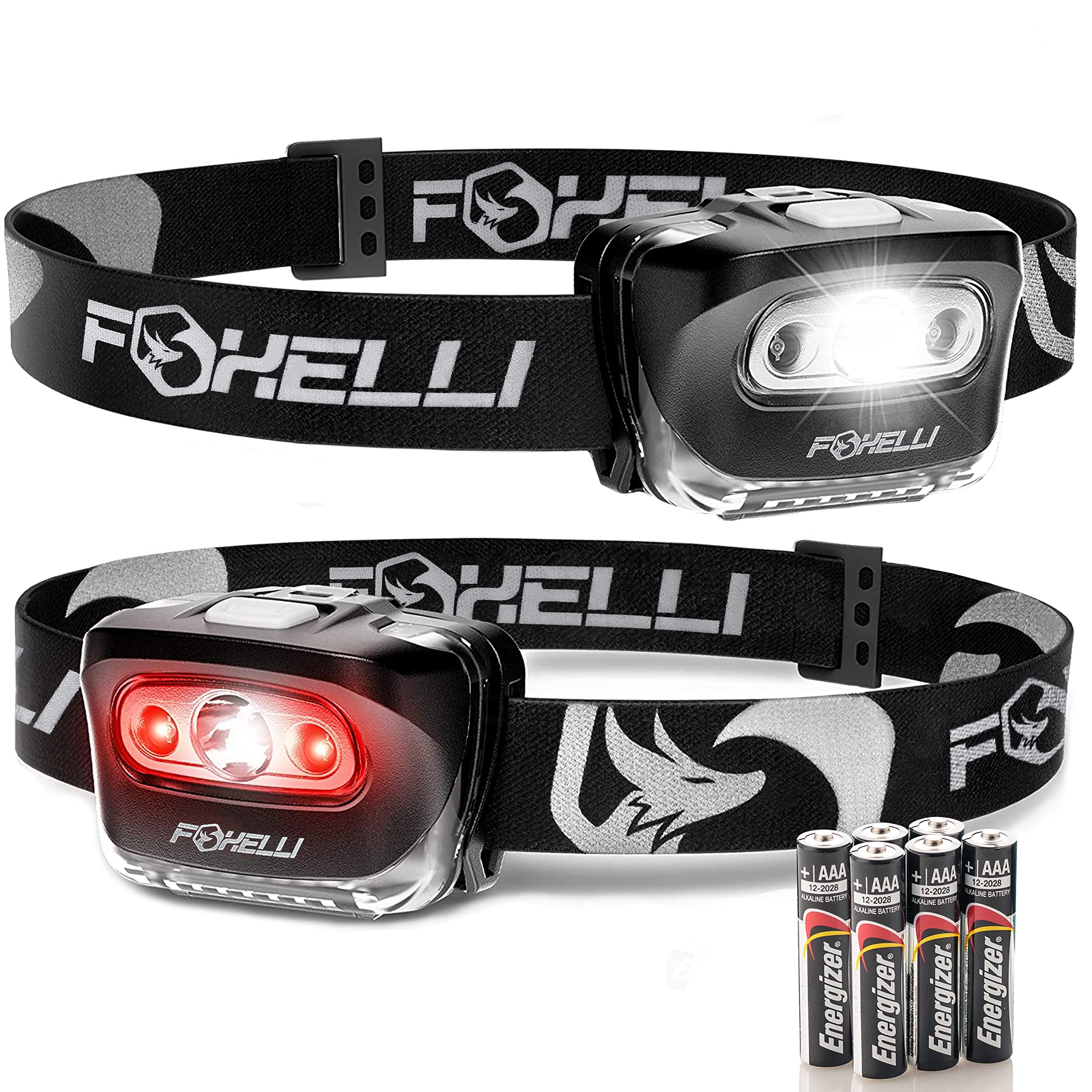 Foxelli LED Headlamp Flashlight for mature-themeds & Kids, 2-Pack Black, Lightweight Waterproof, Model MX20B, White & Red Light