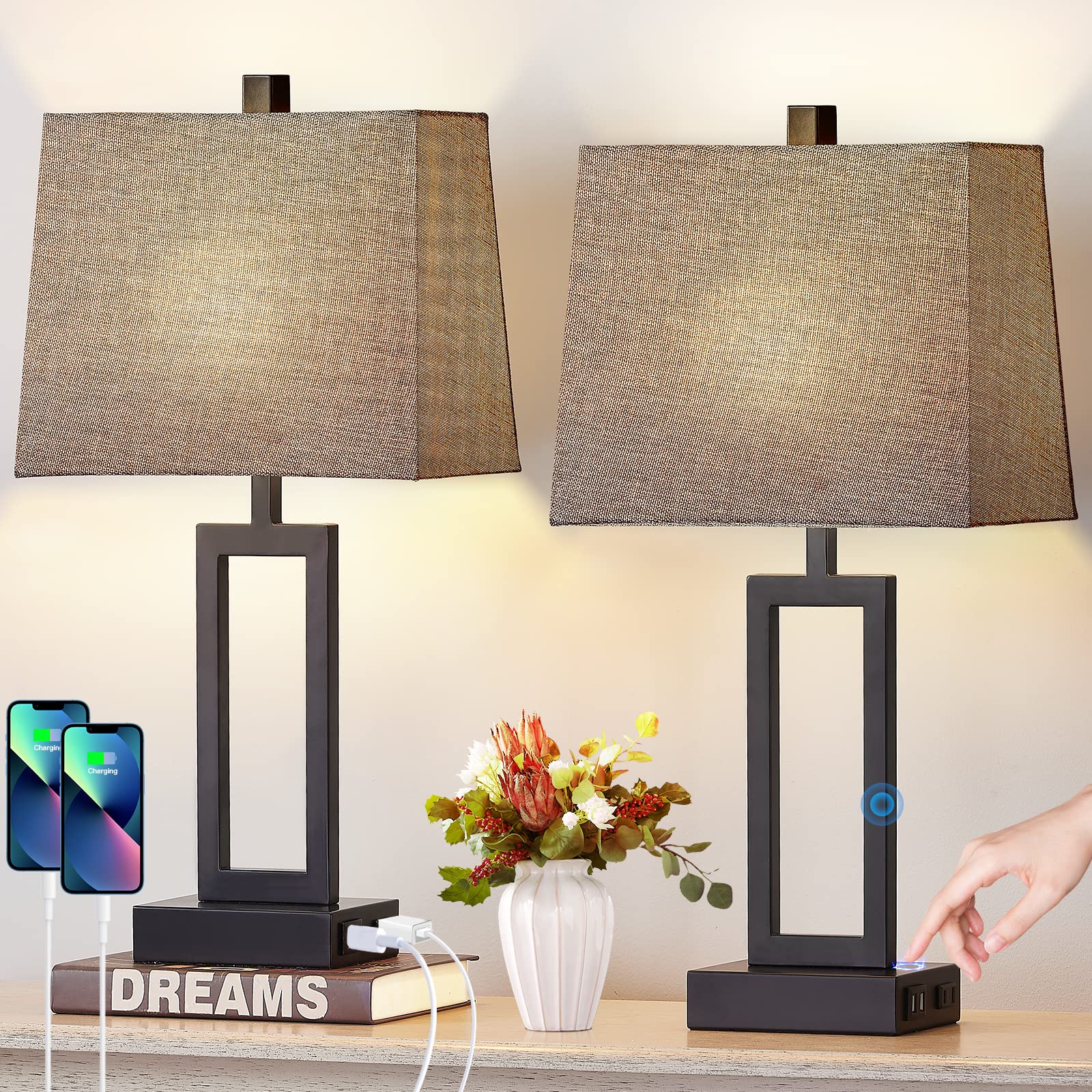 Lolikit 23.5&quot; Touch Control Table Lamps Set Of 2 - Usb Ports, Ac Outlet, Dimmable, Gray