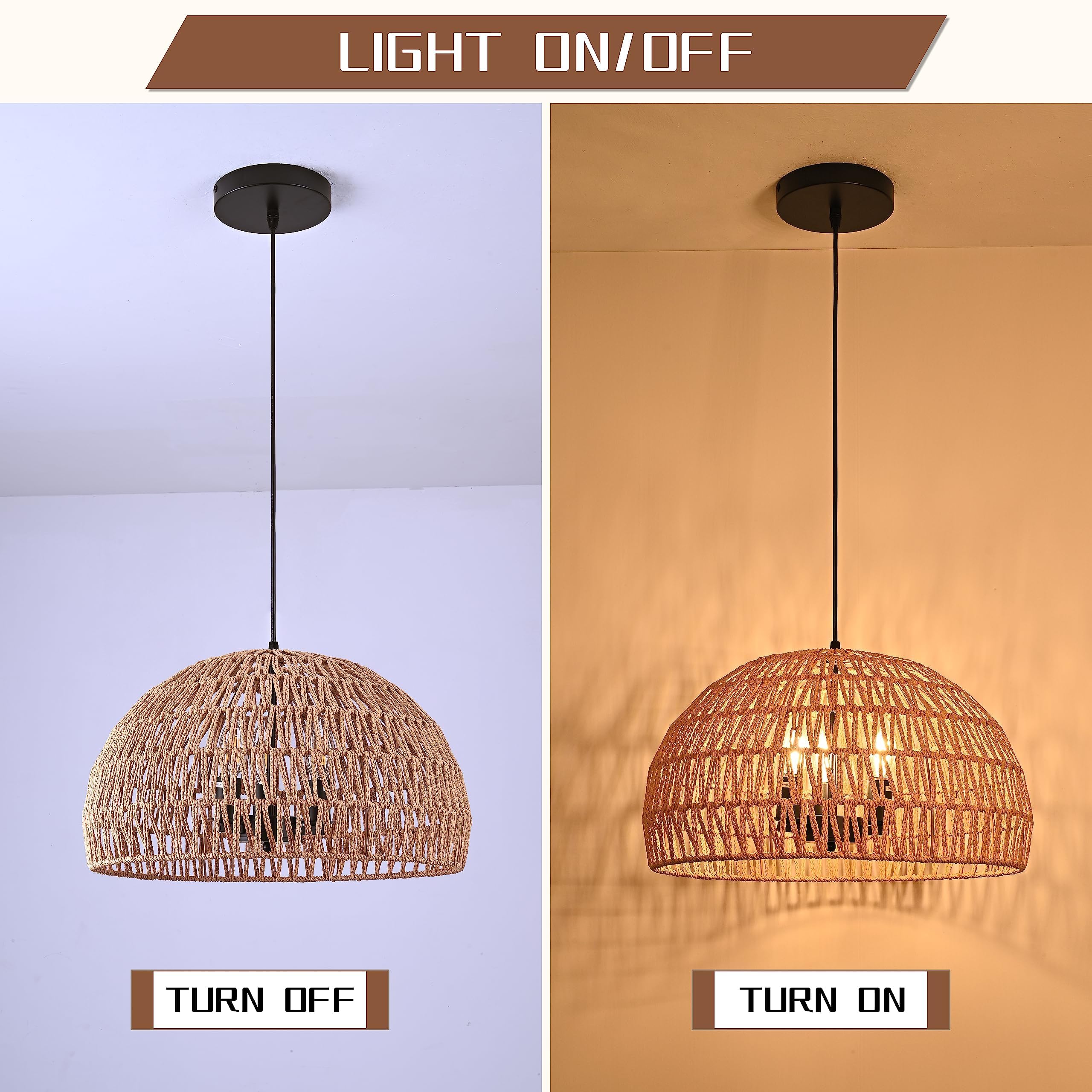 Ayshwilldec 17.6&quot; Hemp Rope Woven Pendant Light - 3-Light Boho Rattan Chandelier For Dining Room