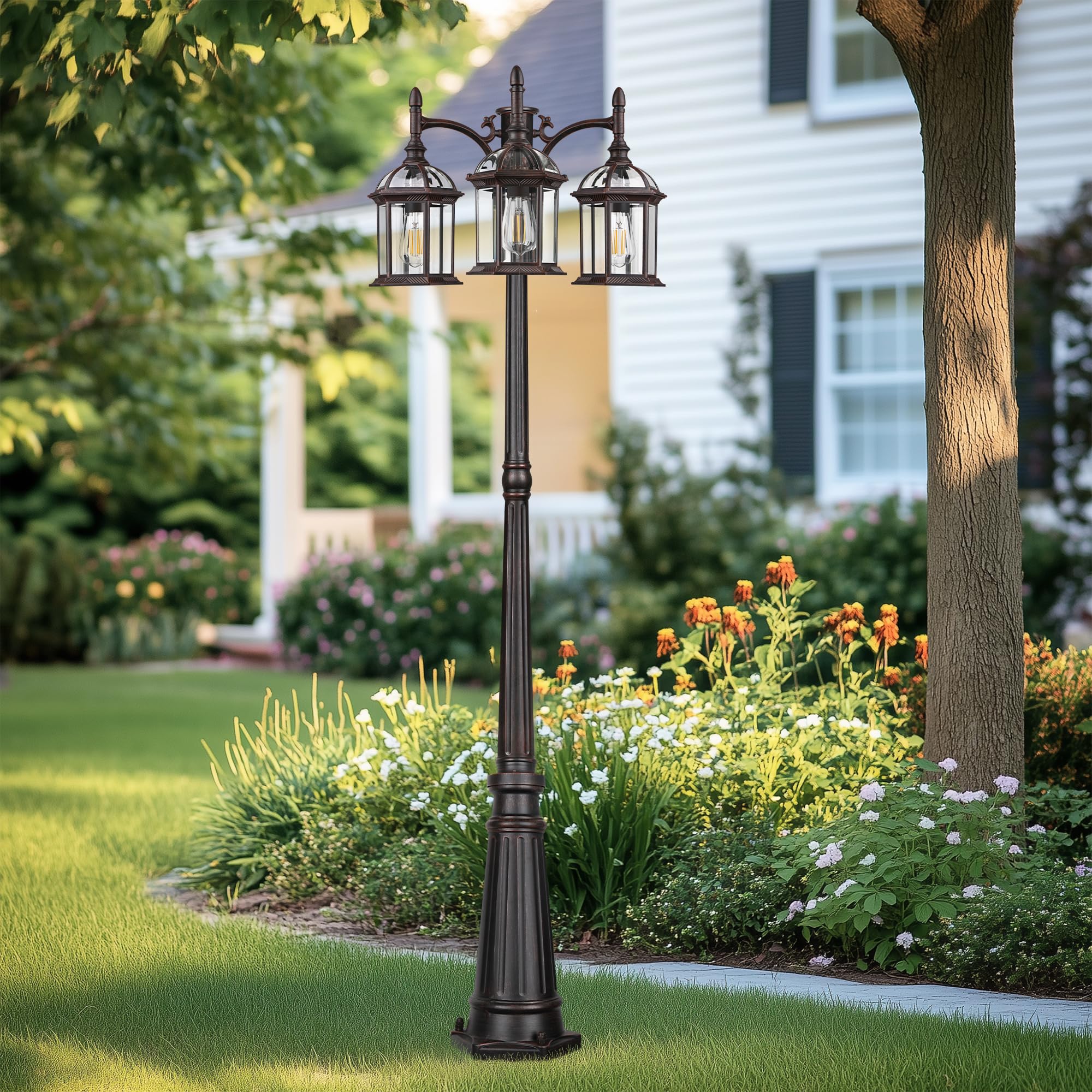 PARTPHONER Dusk to Dawn Outdoor Lamp Post Light, Triple Head Aluminum, Waterproof, Bronze, Model PA1201
