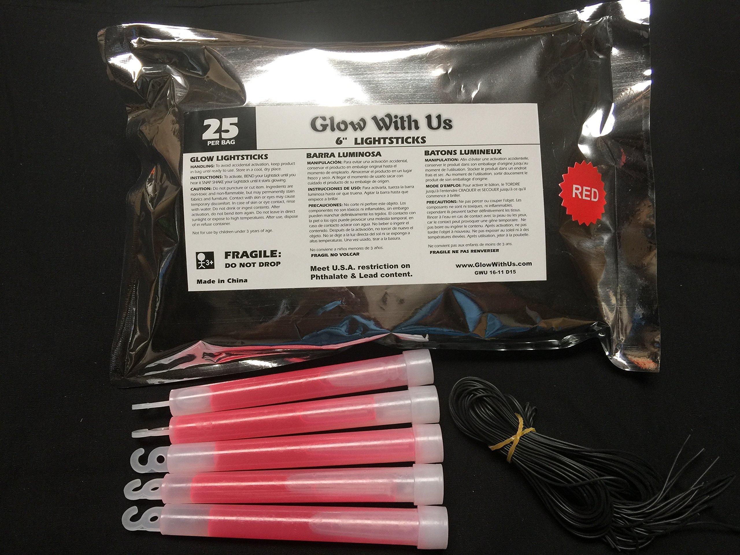 Glow Sticks Bulk Wholesale, 25 6” Industrial Grade Red Light Sticks. Bright Color, Glow 12-14 Hrs, Safety Glow Stick With 3-Year Shelf Life, Glowwithus Brand