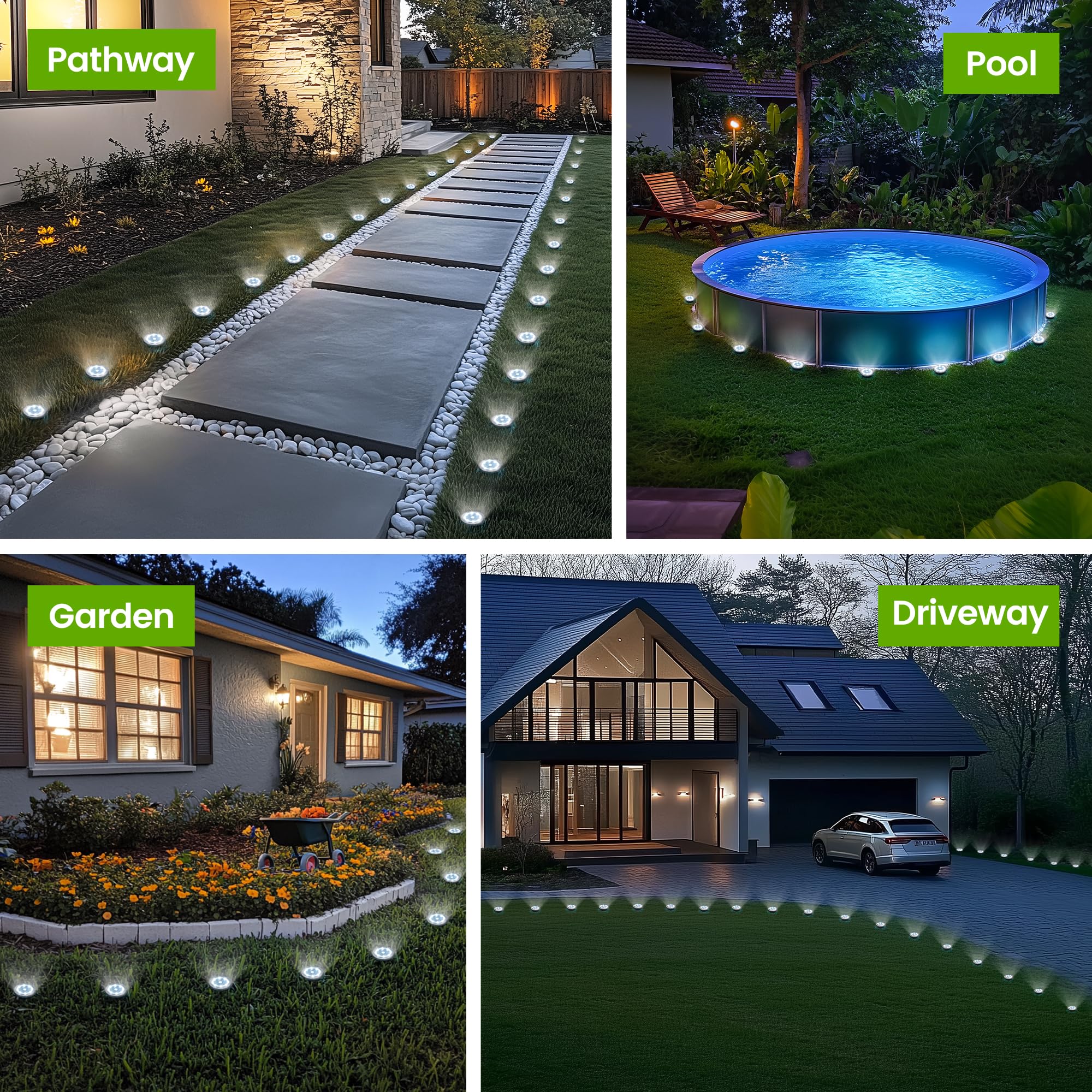PATIOWIN Mini Solar Ground Lights, 16 Pack, Waterproof Outdoor Pathway Lights, Cool White, Model 9423