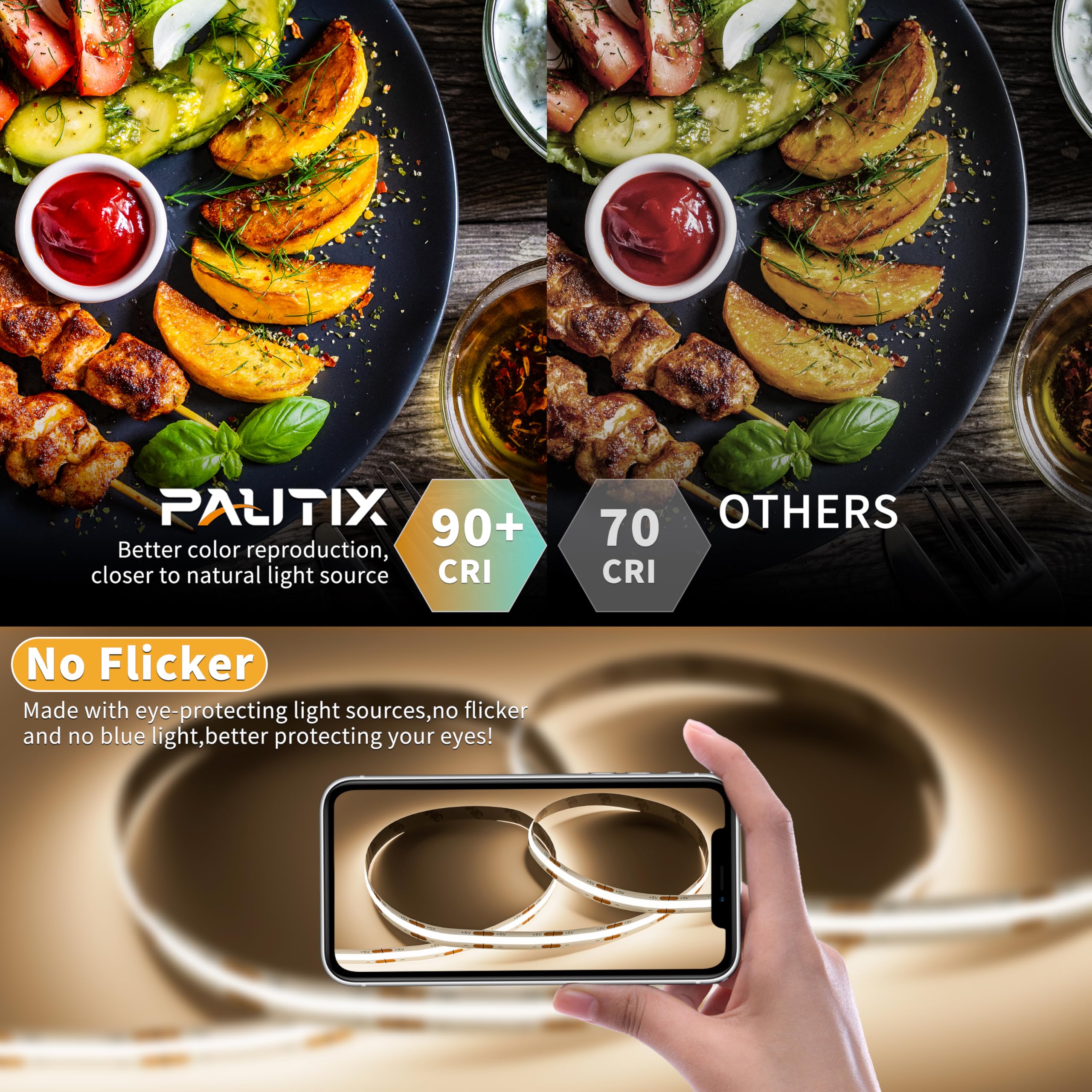 Pautix 5V Usb Cob Led Strip Light 6.56Ft/2M 640Leds Dimmable 4000K Natural White Cri90+ With Rf Remote,1200Lm,Flexible Tape Ligh