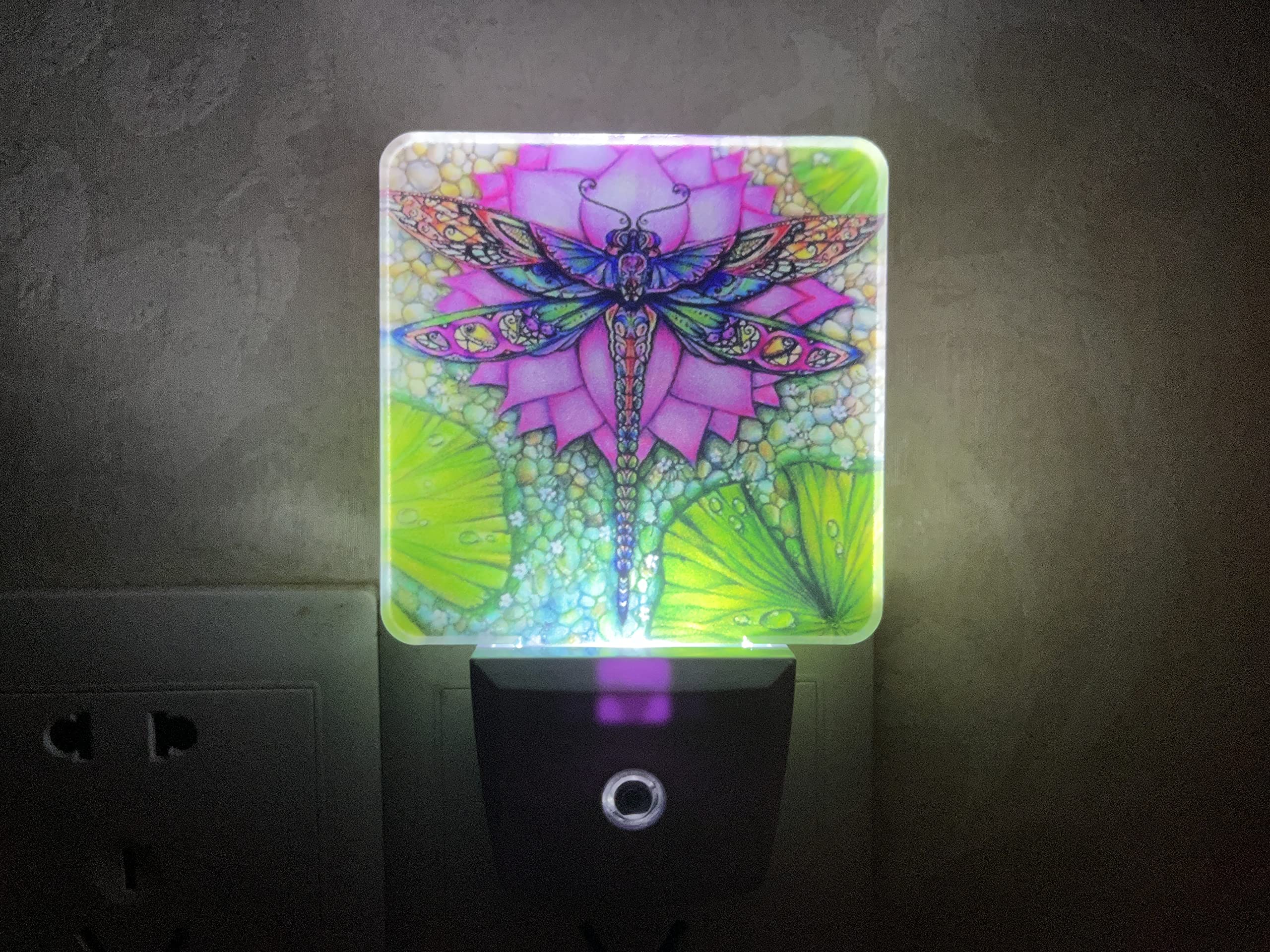 Dragonfly Night Light Plug In Led Lamp Night Lights For Bedroom Lotus Nightlight Decor For Kids Room Hallway Stairs Dimmable With Auto Sensor Adjustable Brightness Auto On/Off Dragonfly Gift For Women