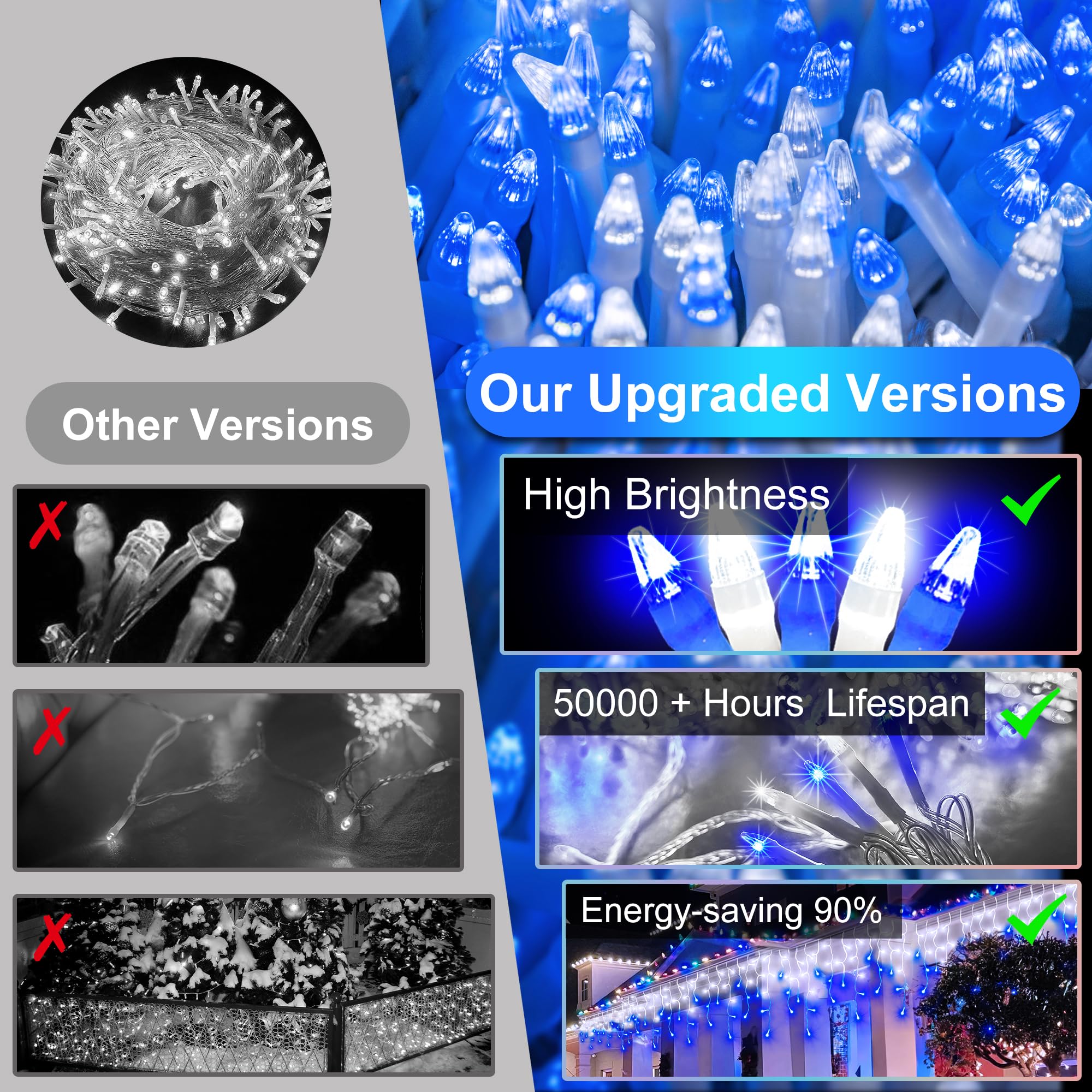 QUHUATU 164ft Christmas String Lights, 1620LED, 360 Drops, 12 Modes, Waterproof, Blue & Cool White, Dimmable with Timer