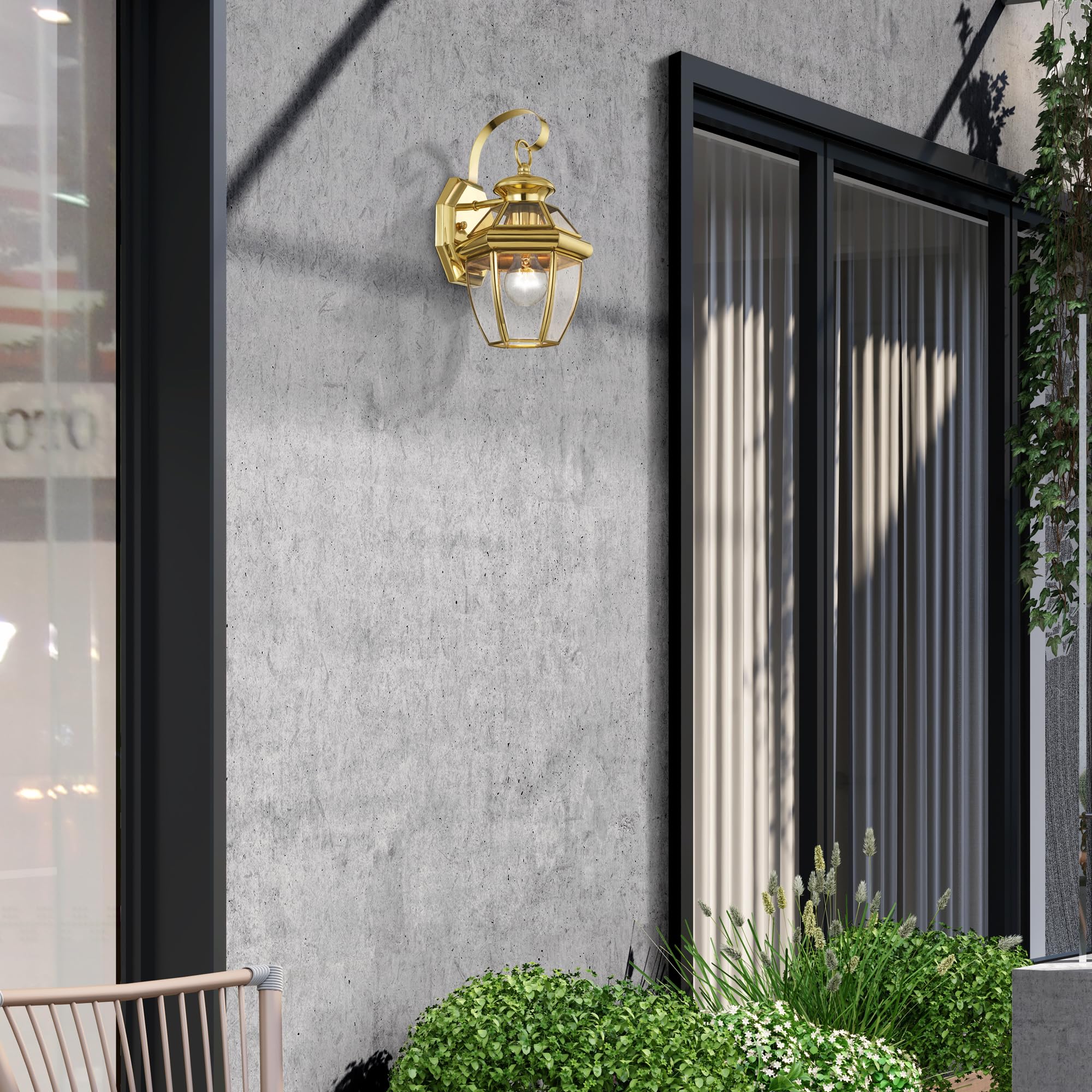 Livex Lighting 2051-02 Monterey 1 Light Outdoor Polished Brass Finish Solid Brass Wall Lantern With Clear Beveled Glass, Gold
